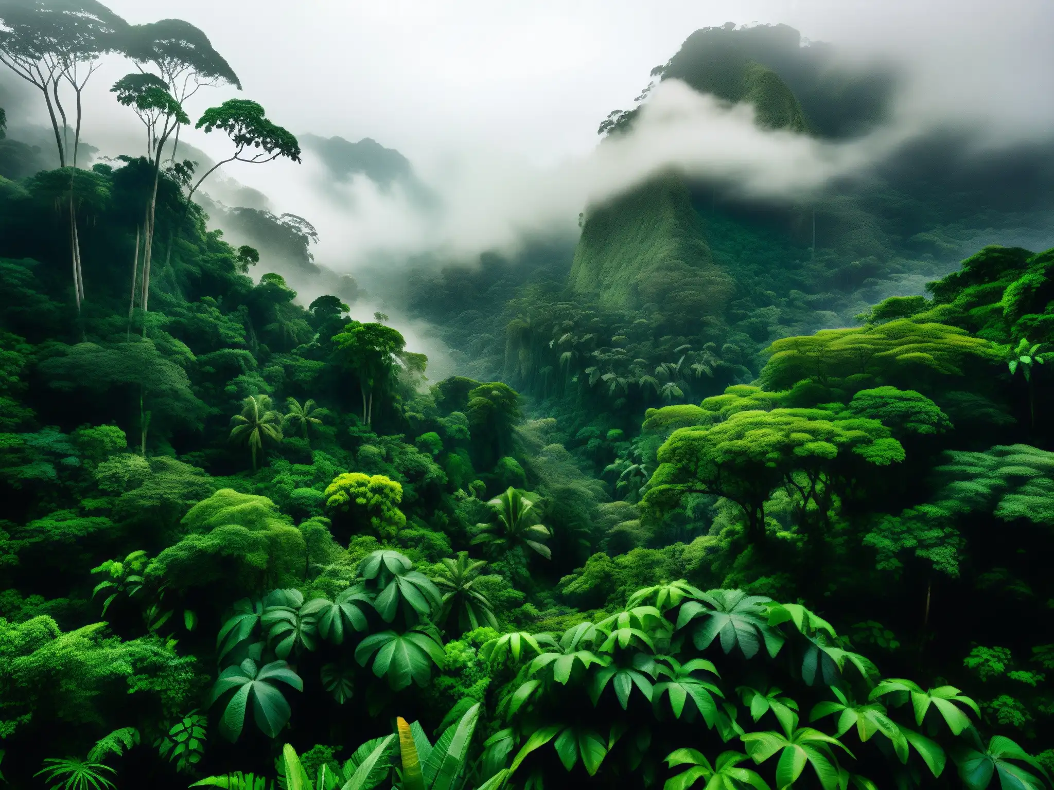 Imagen detallada de una densa selva colombiana con neblina baja, árboles antiguos y figura misteriosa