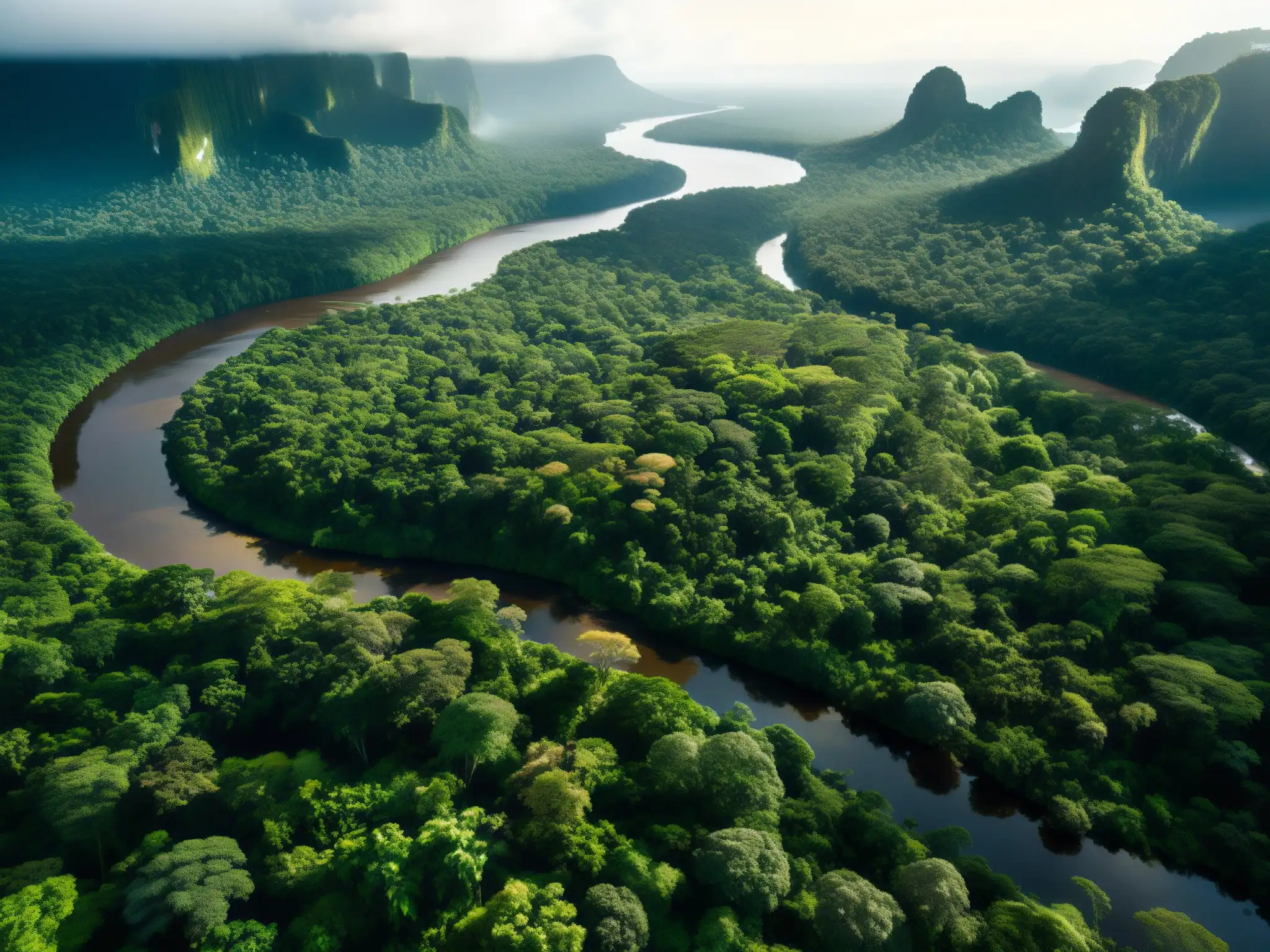 Imagen detallada del denso Amazonas con exuberante follaje verde, árboles gigantes y un río serpenteante