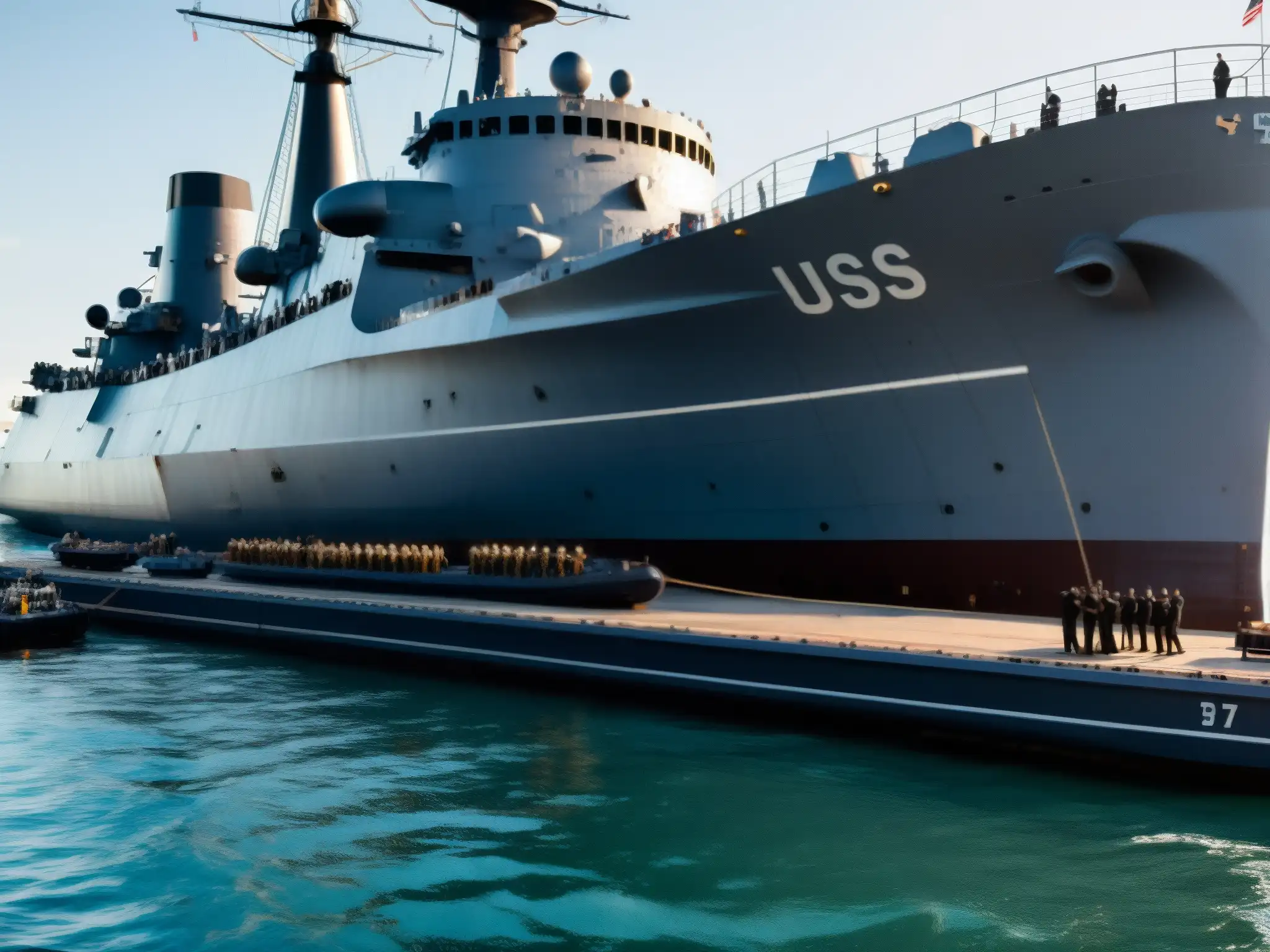 Imagen detallada de la USS Eldridge en el muelle, resaltando su escala y detalles históricos