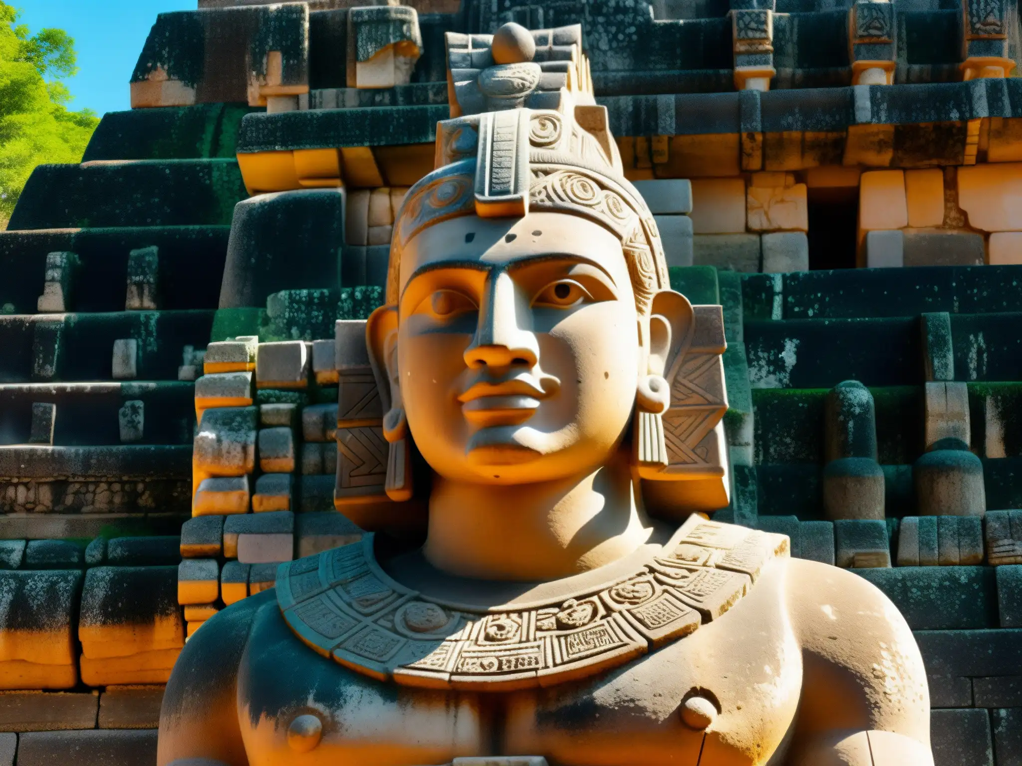 Imagen detallada del El Enano de Uxmal protector, estatua de piedra con siglos de historia y una expresión enigmática, entre las ruinas mayas