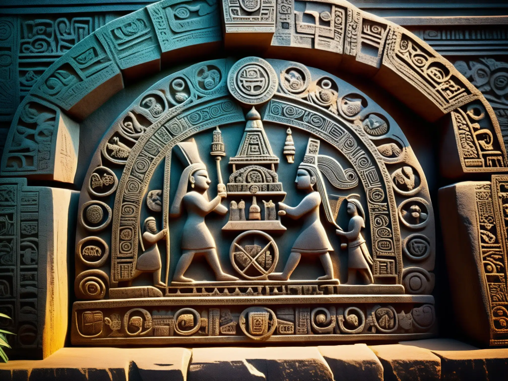 Imagen detallada de la enigmática Piedra Encantada de Tlalpan, revelando sus antiguos símbolos y figuras prehispánicas en una atmósfera misteriosa