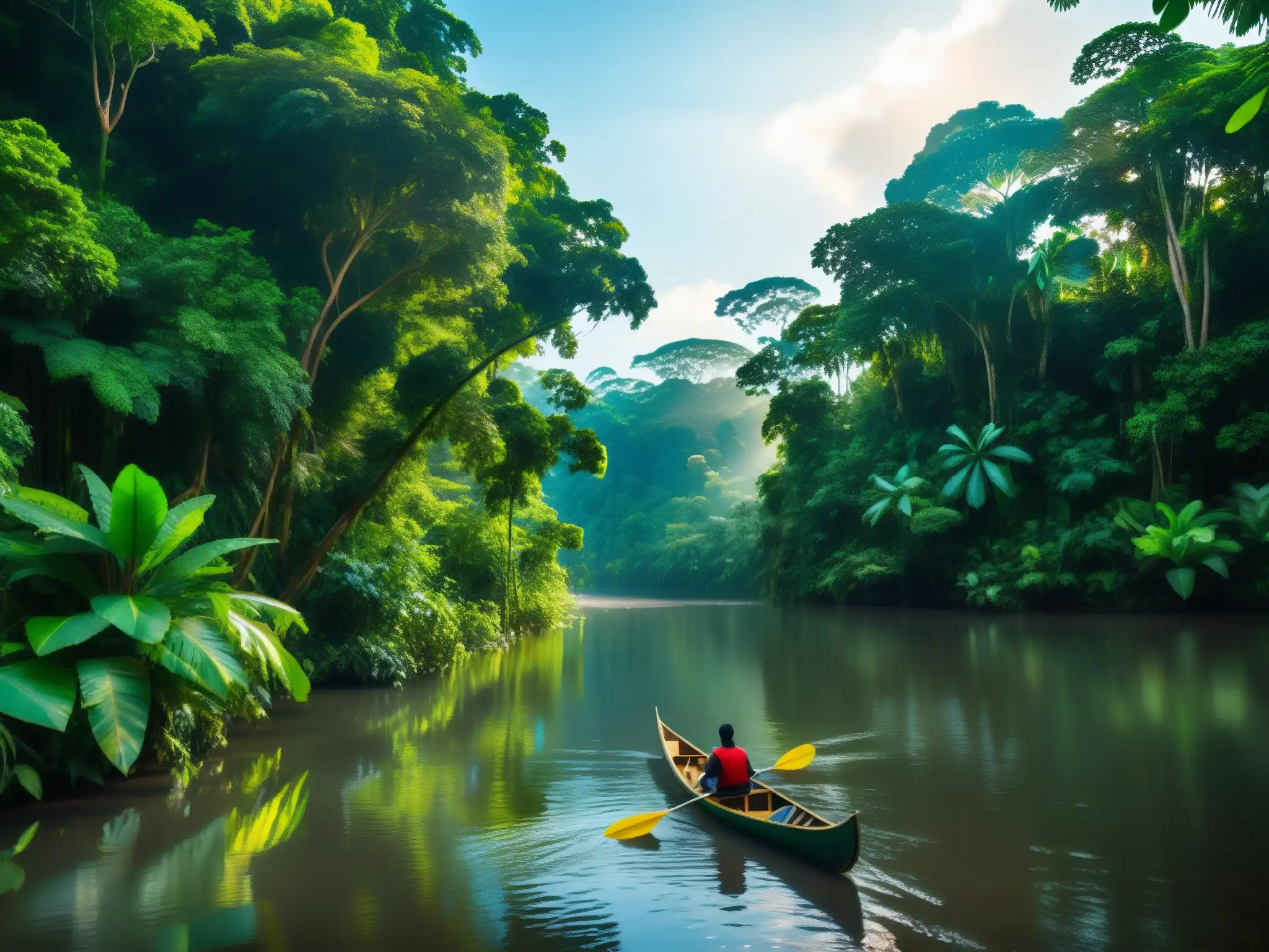 Imagen 8k detallada de la exuberante selva amazónica con un río serpenteante, reflejando la mística atmósfera del origen leyenda Madre Agua Sudamérica