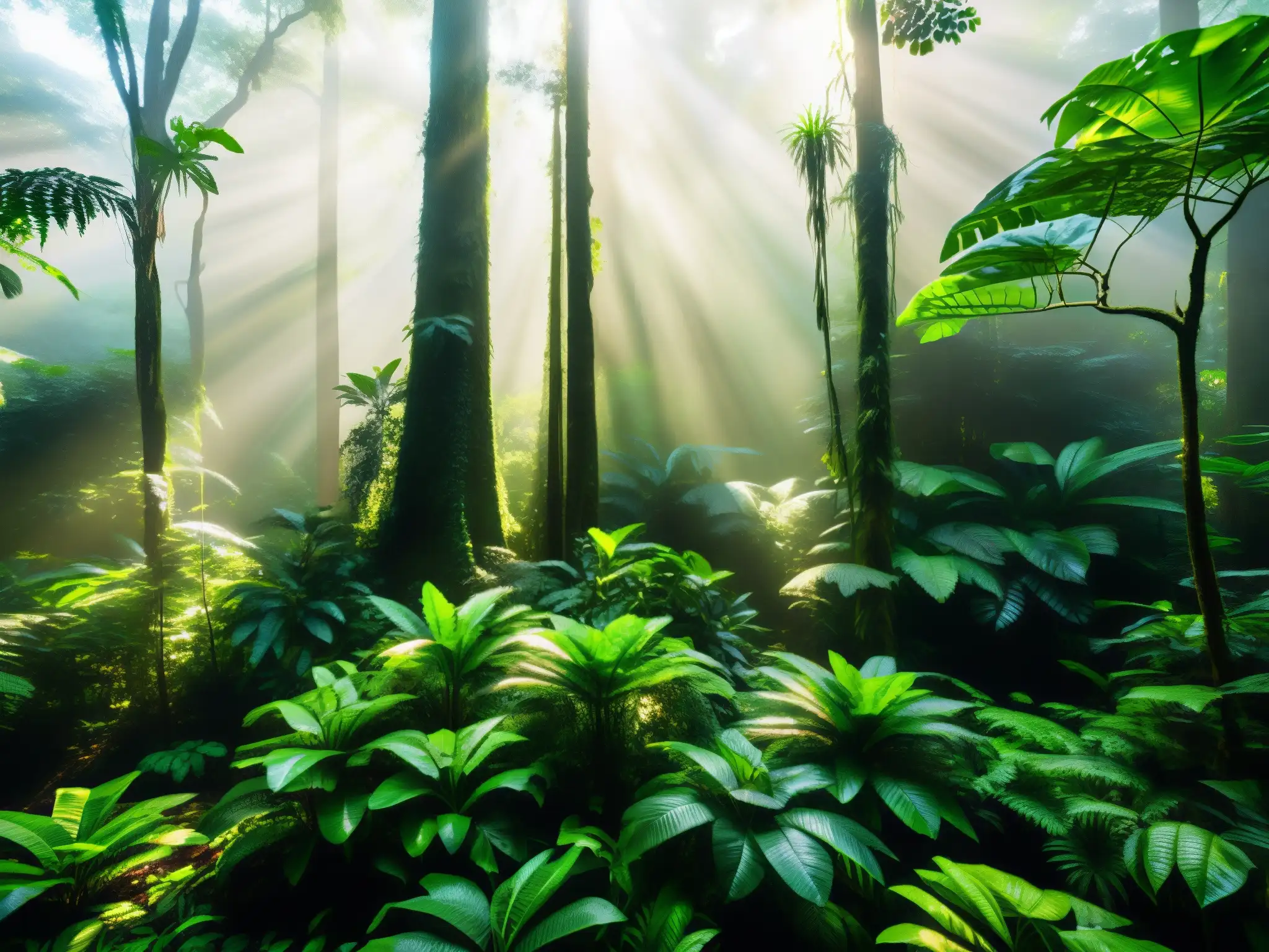 Imagen detallada de la exuberante selva amazónica, con su rica biodiversidad y atmósfera misteriosa, evocando la mitología del tunche en Amazonía
