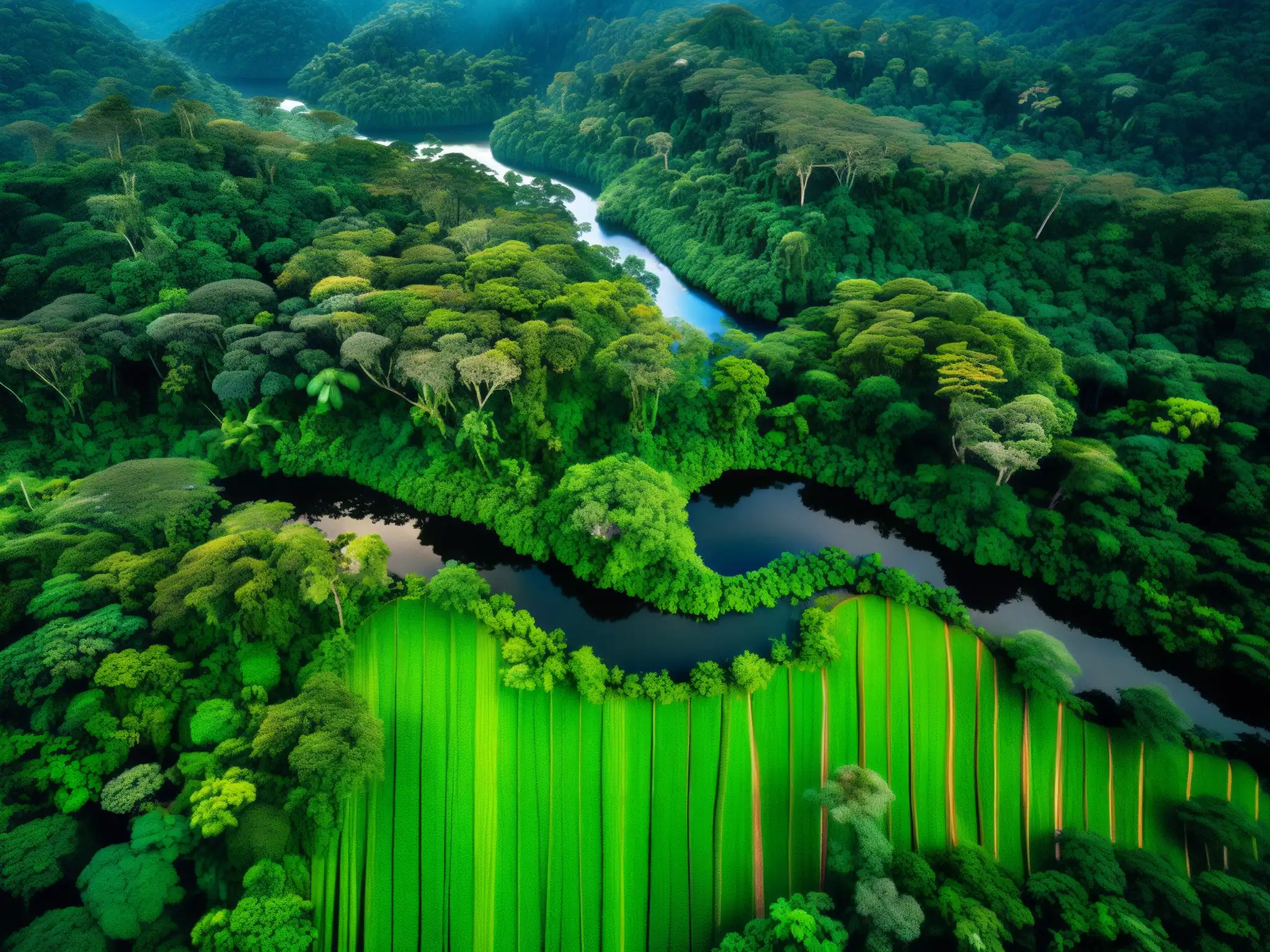 Imagen detallada de la exuberante selva amazónica peruana con árboles imponentes, fauna diversa y vida vegetal exótica