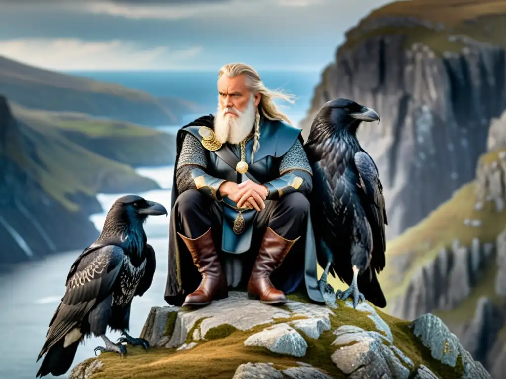 Imagen detallada de Odin y sus leales cuervos en un paisaje nórdico dramático