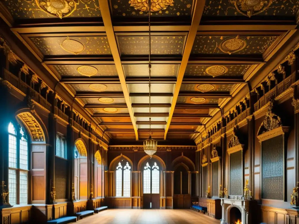 Imagen detallada de la majestuosa sala de Hampton Court Palace, con el techo tallado, tapices y tronos