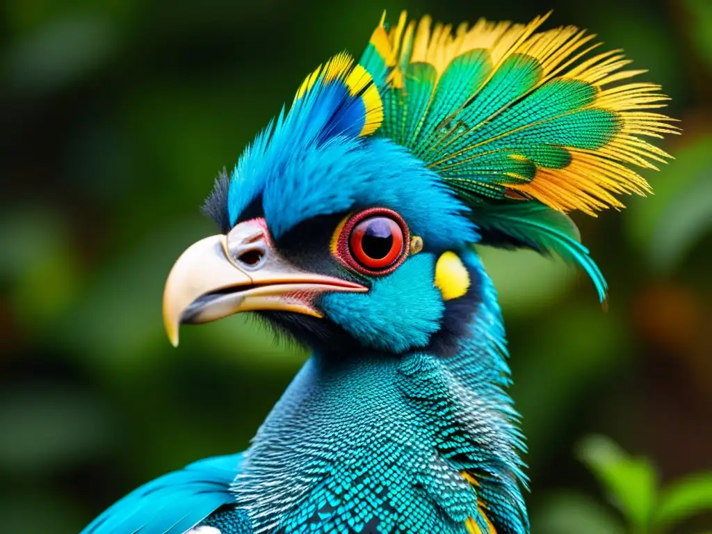 Una imagen detallada del majestuoso 'Emumambazi', criatura mítica de la fauna de Uganda, con colores vibrantes y patrones intrincados en sus plumas y escamas