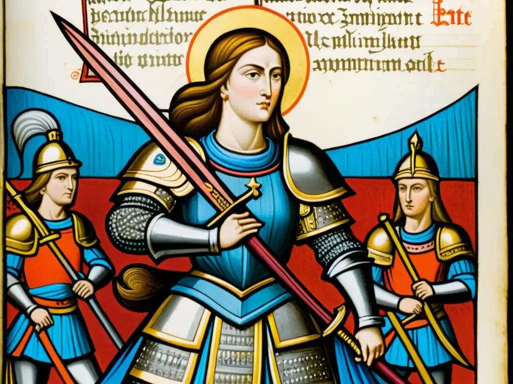 Imagen detallada de un manuscrito iluminado medieval que representa a una poderosa guerrera liderando a sus soldados en la batalla, capturando el empoderamiento en la Edad Media