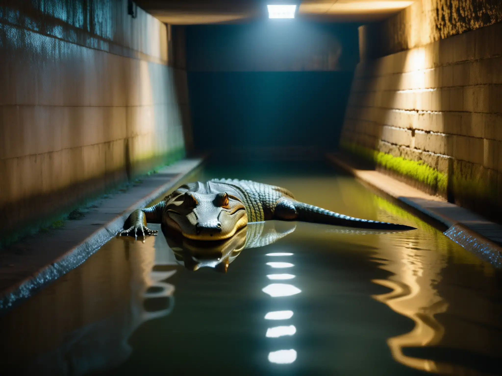 Imagen detallada del mito del Alligator Alcantarillado Nueva York, con una figura sombría que evoca la atmósfera misteriosa del submundo urbano