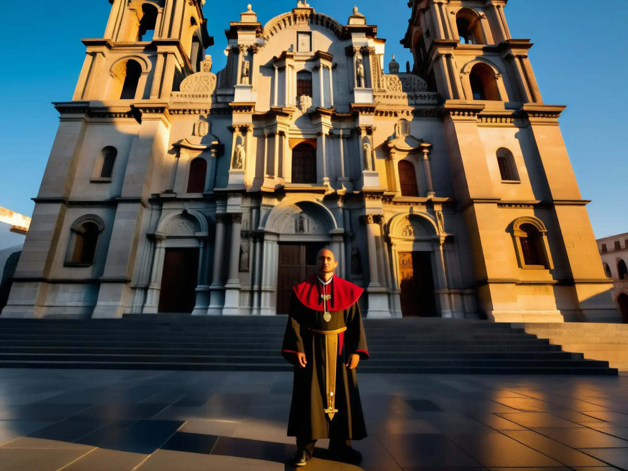 Imagen detallada del Monje de la Catedral en Ciudad de México al atardecer, con luces dramáticas y sombras largas en la fachada de la catedral