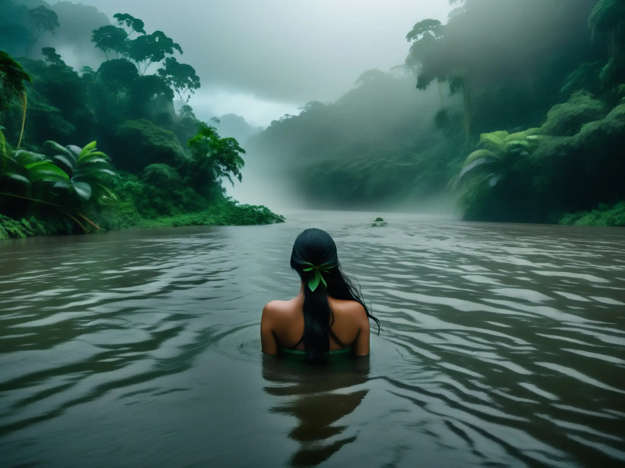 Imagen 8k detallada de un río amazónico cubierto de niebla, con frondosa vegetación y un aire de misterio