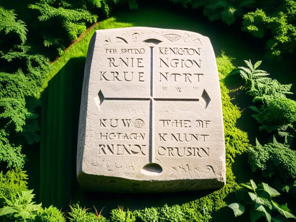 Una imagen detallada del Runestone de Kensington, con misteriosas escrituras nórdicas y rodeado de naturaleza exuberante
