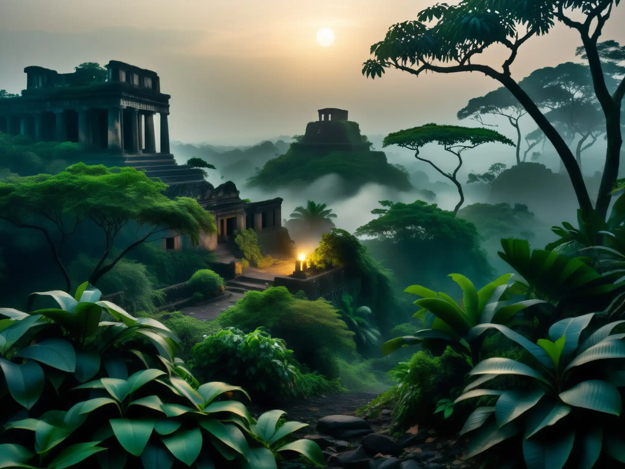 Imagen detallada de una selva neblinosa con ruinas antiguas y una majestuosa cobra