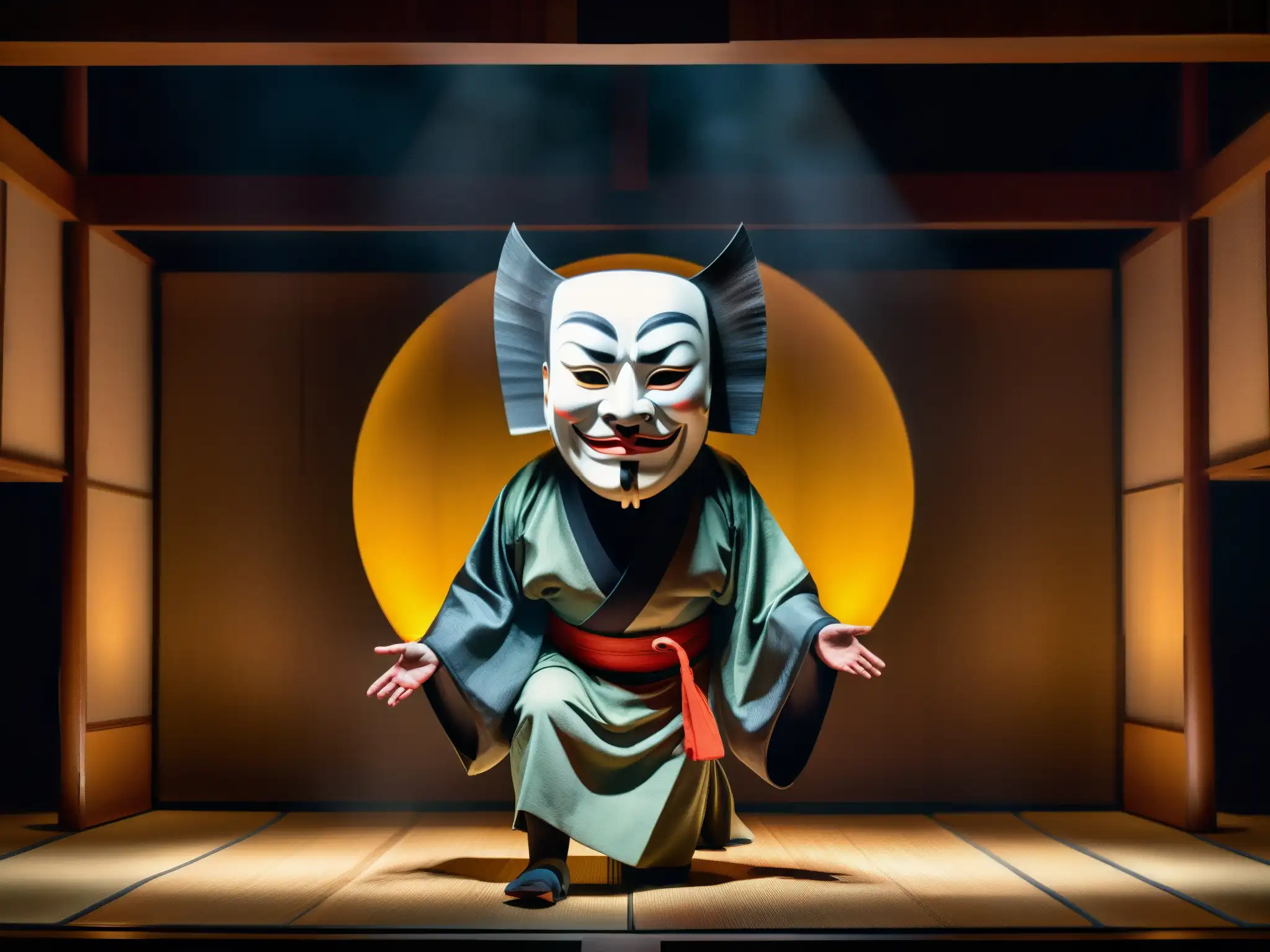 Imagen 8k detallada de un teatro Noh japonés con la aterradora máscara Hanya, escenario con atmósfera de terror y fascinación