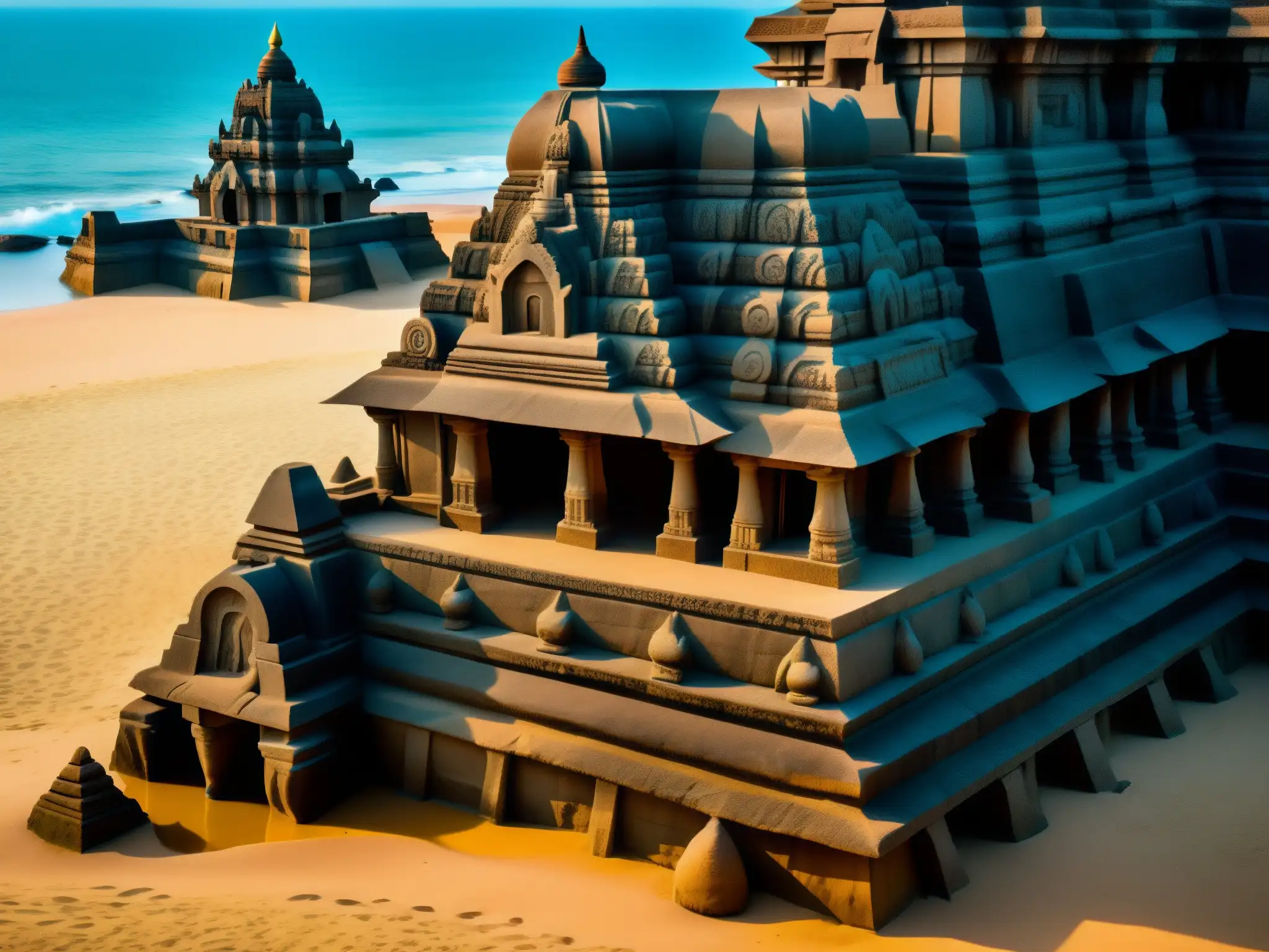 Imagen detallada de los templos hundidos de Mahabalipuram, evocando misterio y grandiosidad de la civilización perdida