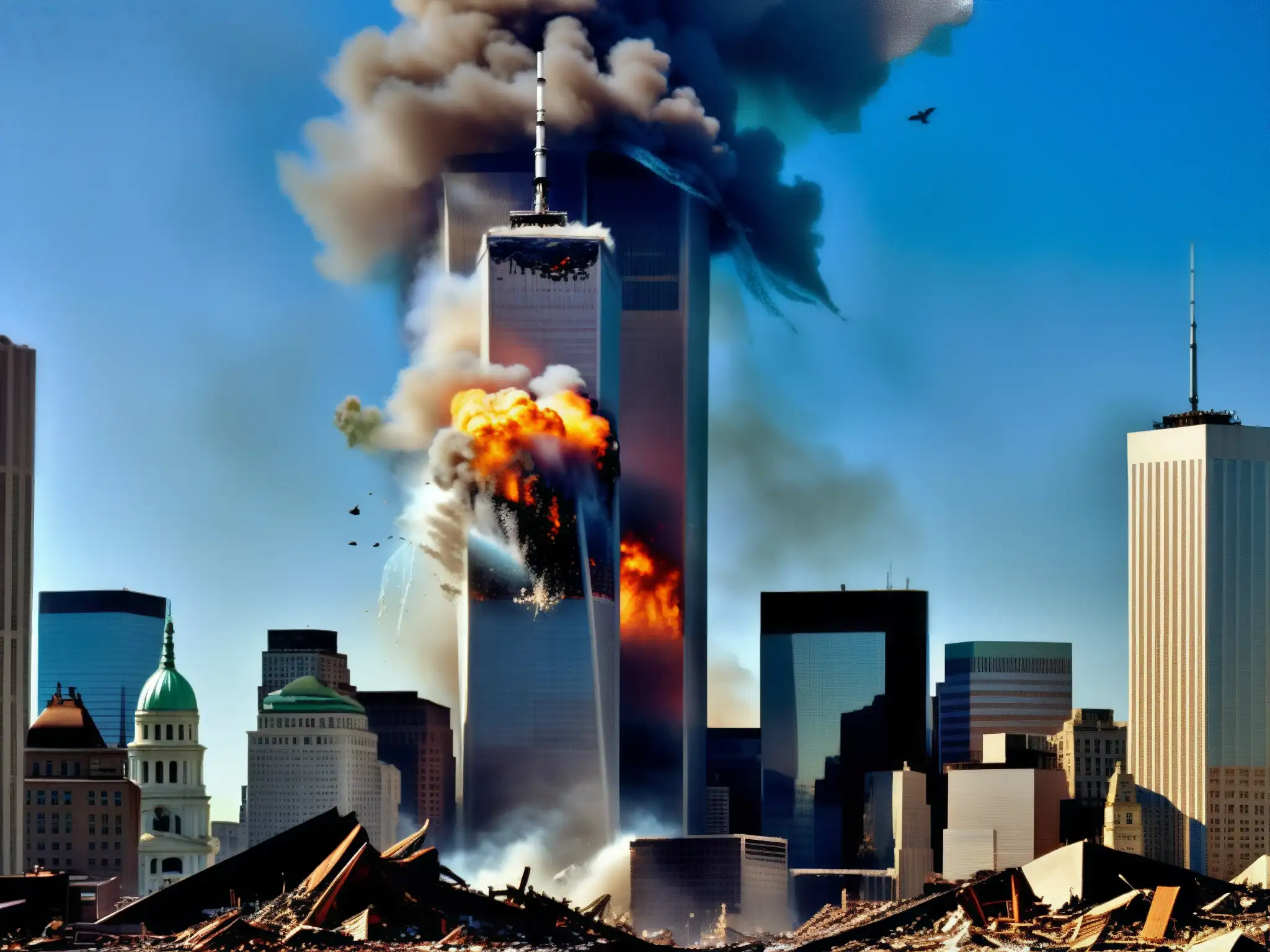 La imagen muestra la devastadora demolición controlada de las Torres Gemelas, con escombros esparcidos y el caos posterior al 11-S