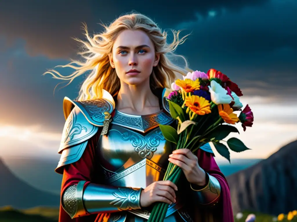 Imagen en 8K de la diosa nórdica Freya, representando amor y guerra con su espada y flores