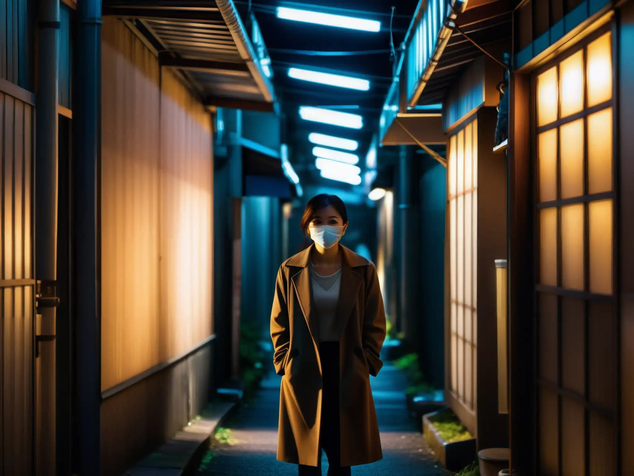 Imagen documental de un callejón urbano en Japón, con una misteriosa silueta femenina en la penumbra