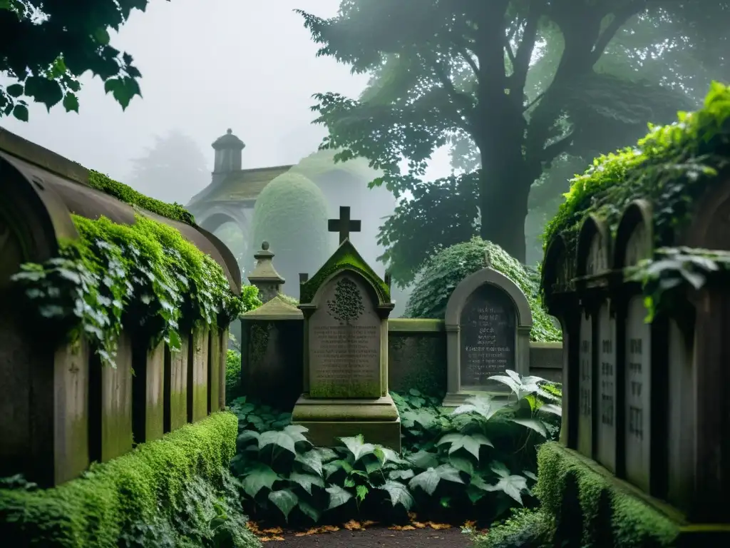 Imagen documental de Highgate Cemetery en Londres, con una tumba adornada y enredada en hiedra