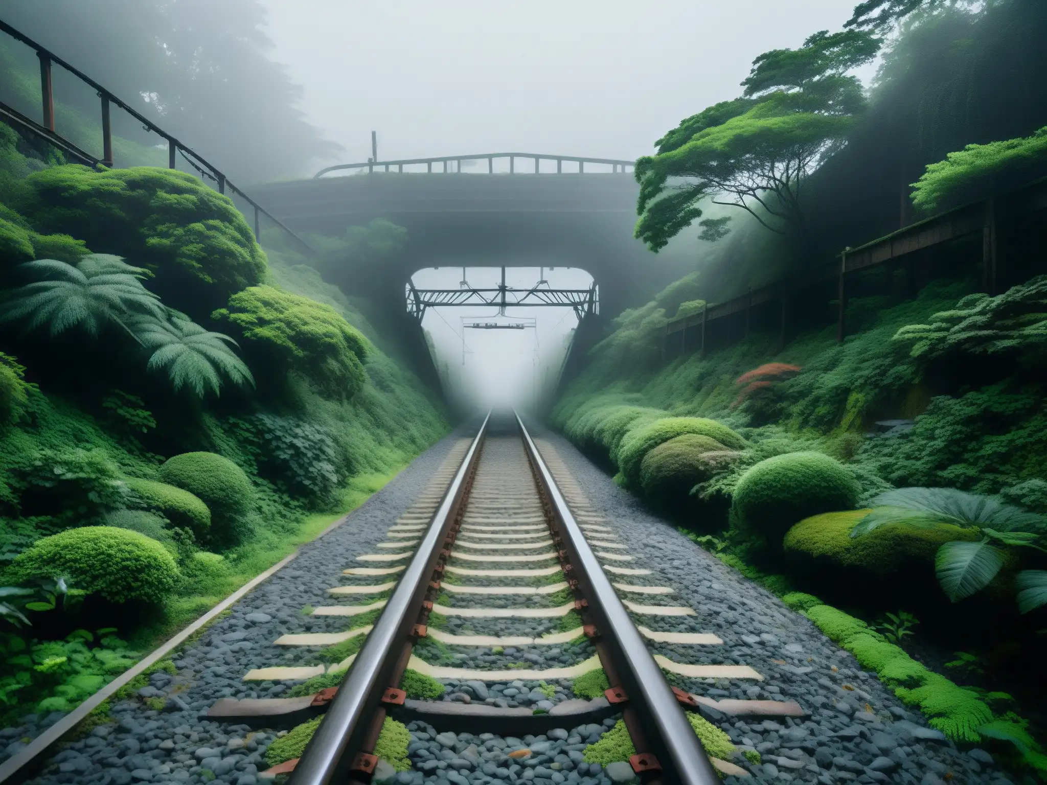 Imagen documental del legendario Tren Fantasma en Japón, con vías abandonadas y enredadas en la niebla, evocando su misterio y atmósfera única