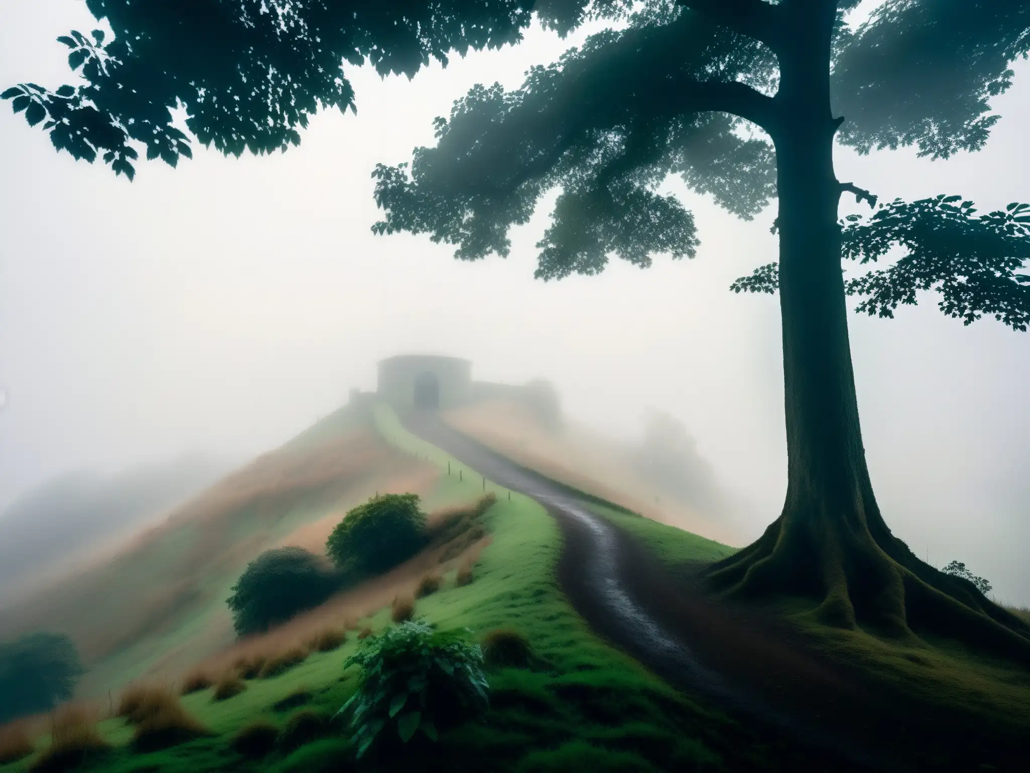 Imagen documental de alta resolución de la misteriosa colina Barog envuelta en niebla, con la tenue entrada de un túnel apenas visible
