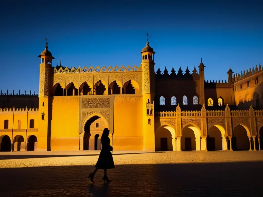 Imagen documental del Alcázar de Sevilla de noche, con iluminación dramática y sombras misteriosas que resaltan sus detalles arquitectónicos