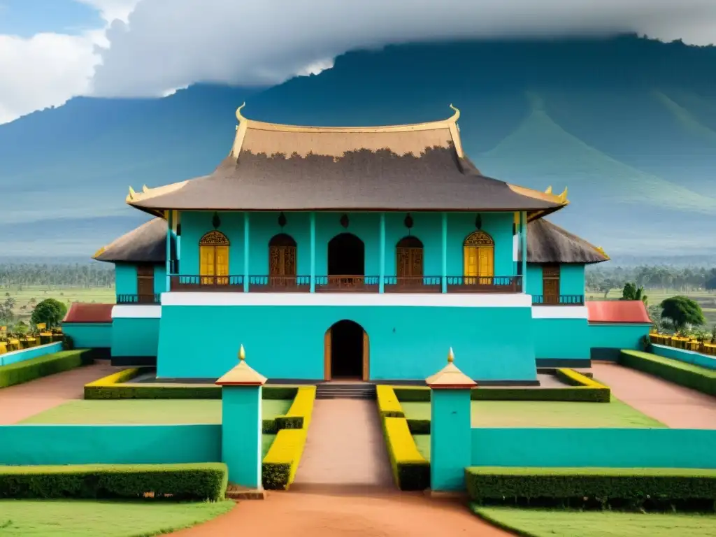 Una imagen documental de alta resolución del palacio real en Nyanza, Ruanda, mostrando detalles arquitectónicos, colores vibrantes y la importancia histórica del sitio, evocando leyendas urbanas sobre el último rey de Ruanda