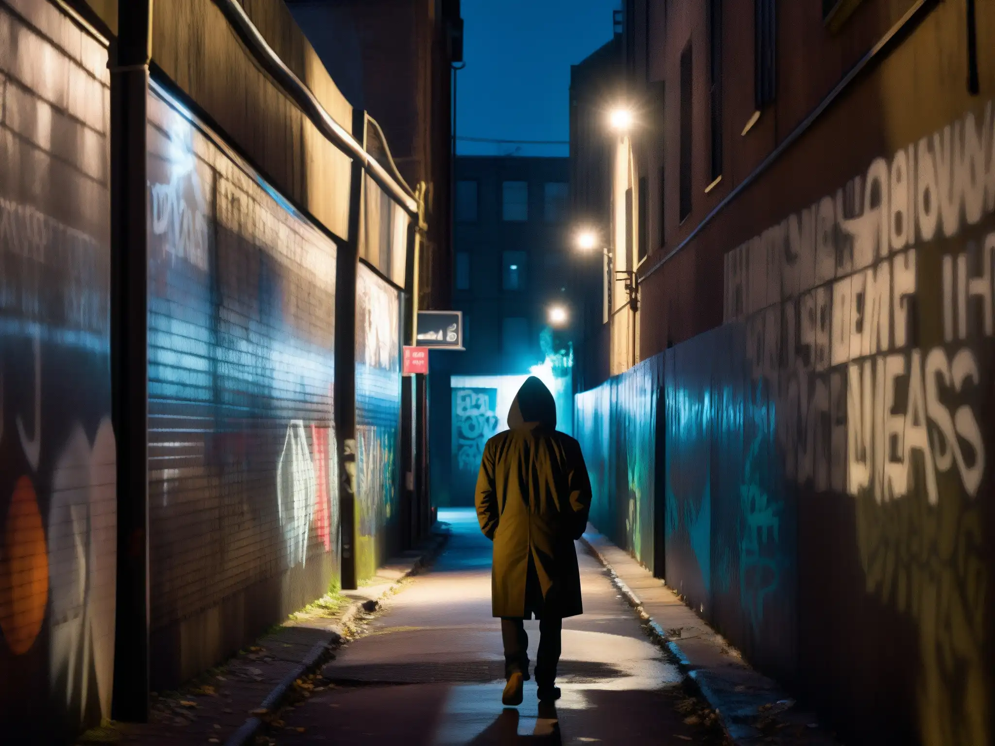 Una imagen documental de alta resolución muestra un callejón urbano con grafitis y luces parpadeantes