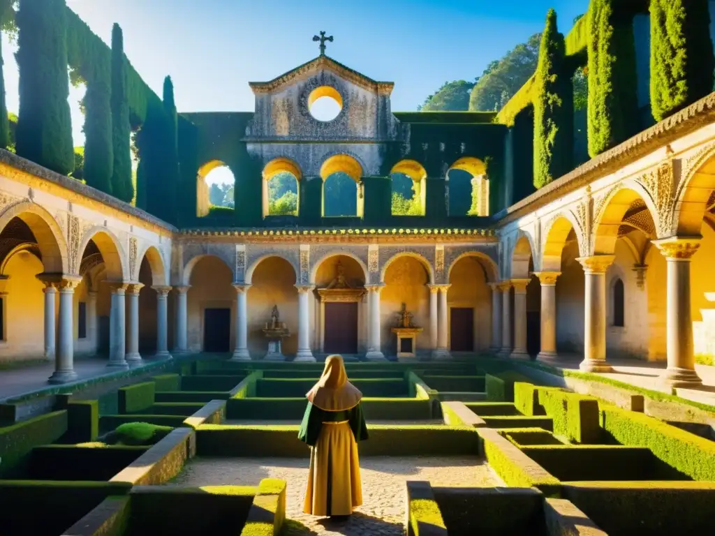 Una imagen documental de alta resolución del Convento de Cristo en Tomar, Portugal, bañado en luz dorada, con una atmósfera mística y legendaria