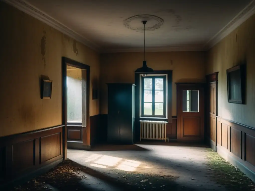 Imagen documental en alta resolución del inquietante interior sombrío de la casa embrujada Frøslev en Dinamarca, con la presencia fantasmal
