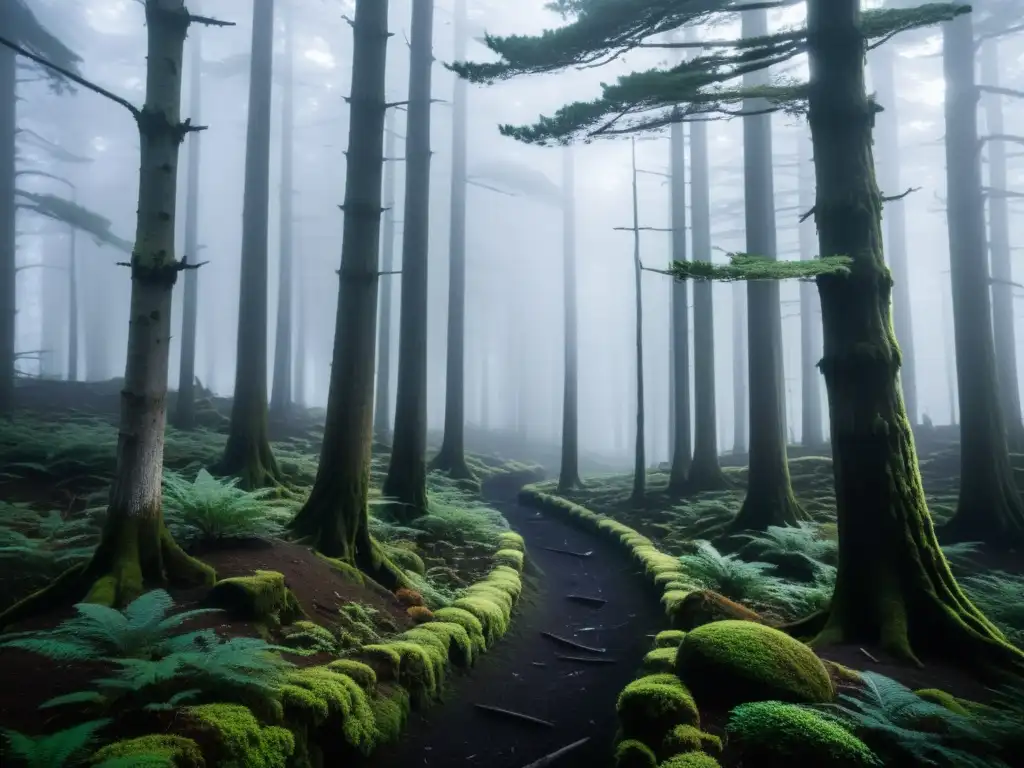 Imagen documental de alta resolución que muestra el misterioso paisaje neblinoso del bosque Aokigahara en la base del Monte Fuji en Japón, con la sutil sugerencia de la legendaria Hitobashira: leyenda pilares humanos Japón