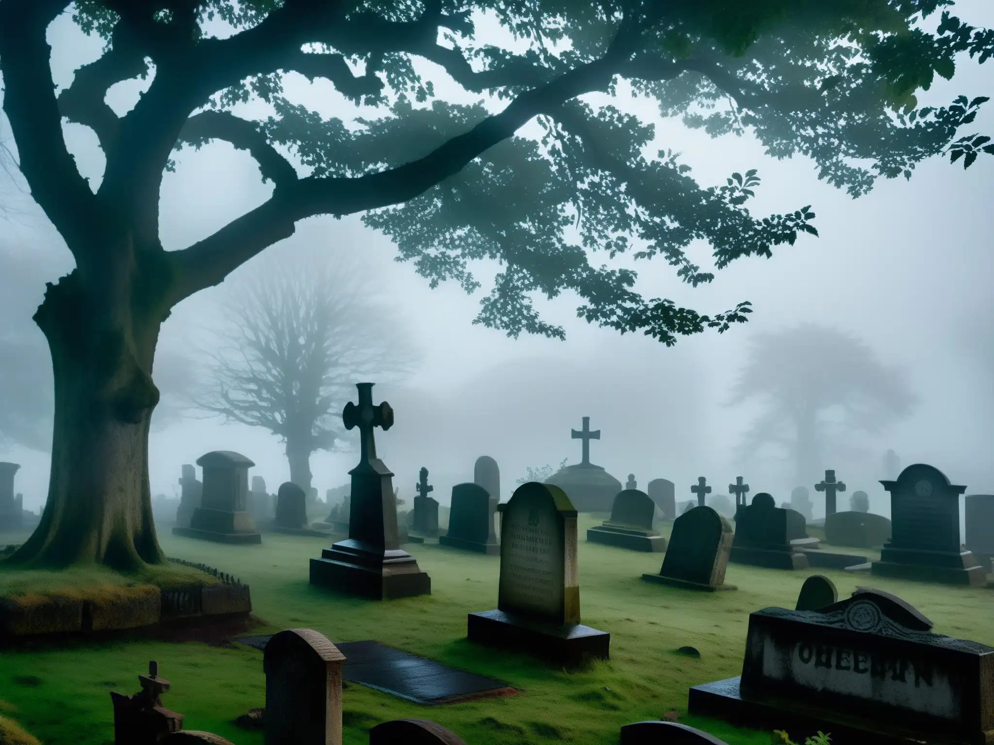 Una imagen documental de alta resolución del misterioso Cementerio Lothian envuelto en niebla al anochecer, con antiguas lápidas