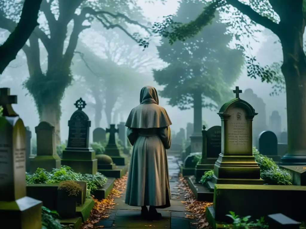 Imagen documental de alta resolución del misterioso y cubierto de maleza Cementerio Highgate en Londres, evocando las leyendas urbanas del Vampiro de Highgate