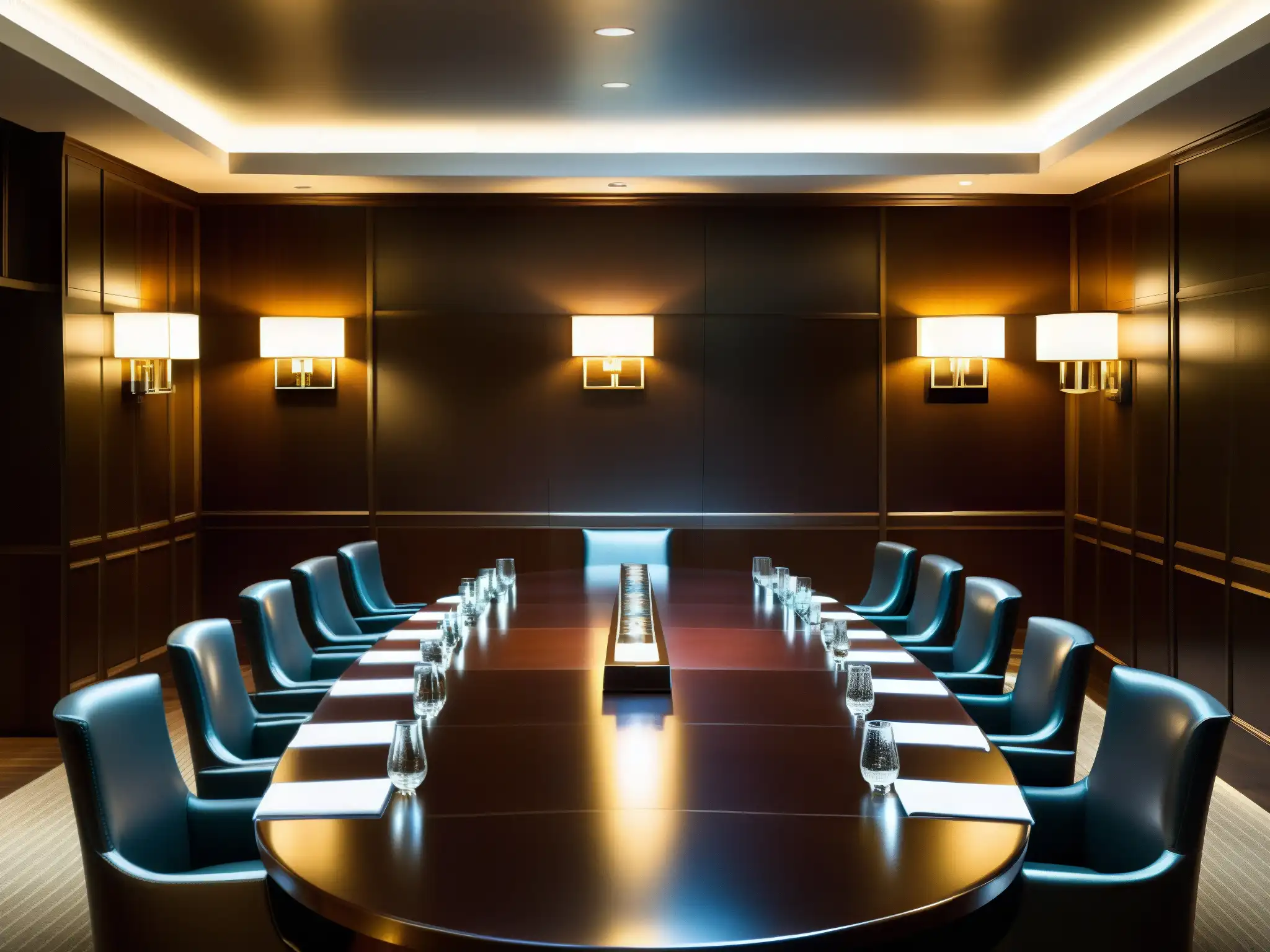 Imagen documental de una sala de reuniones cerrada en un hotel prestigioso, con una mesa de madera pulida y sillas de cuero