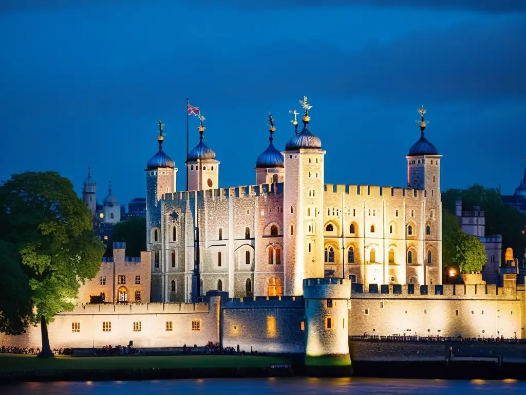 Una imagen documental de la Torre de Londres al anochecer, iluminada por cálida luz, contrastando con el cielo oscurecido