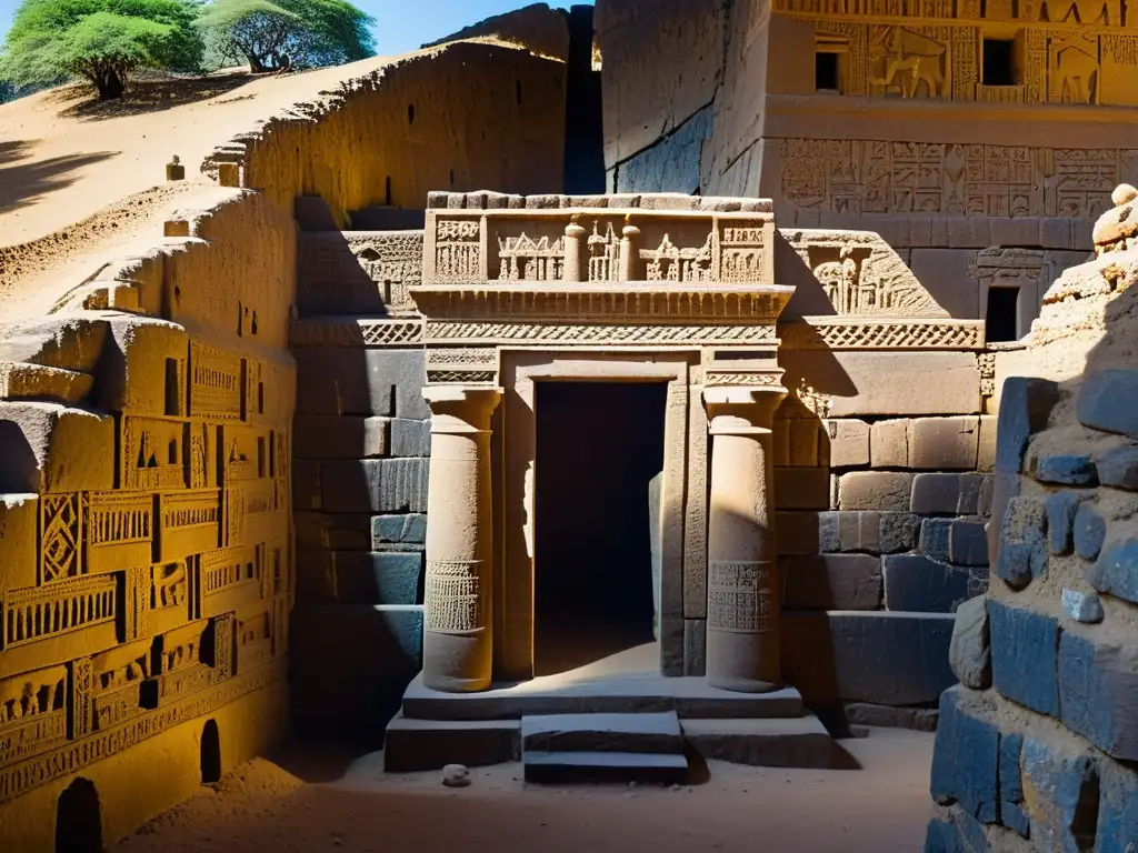 Imagen documental de alta resolución de la tumba de la Reina de Saba en Etiopía, con intrincadas esculturas y artefactos entre la piedra erosionada