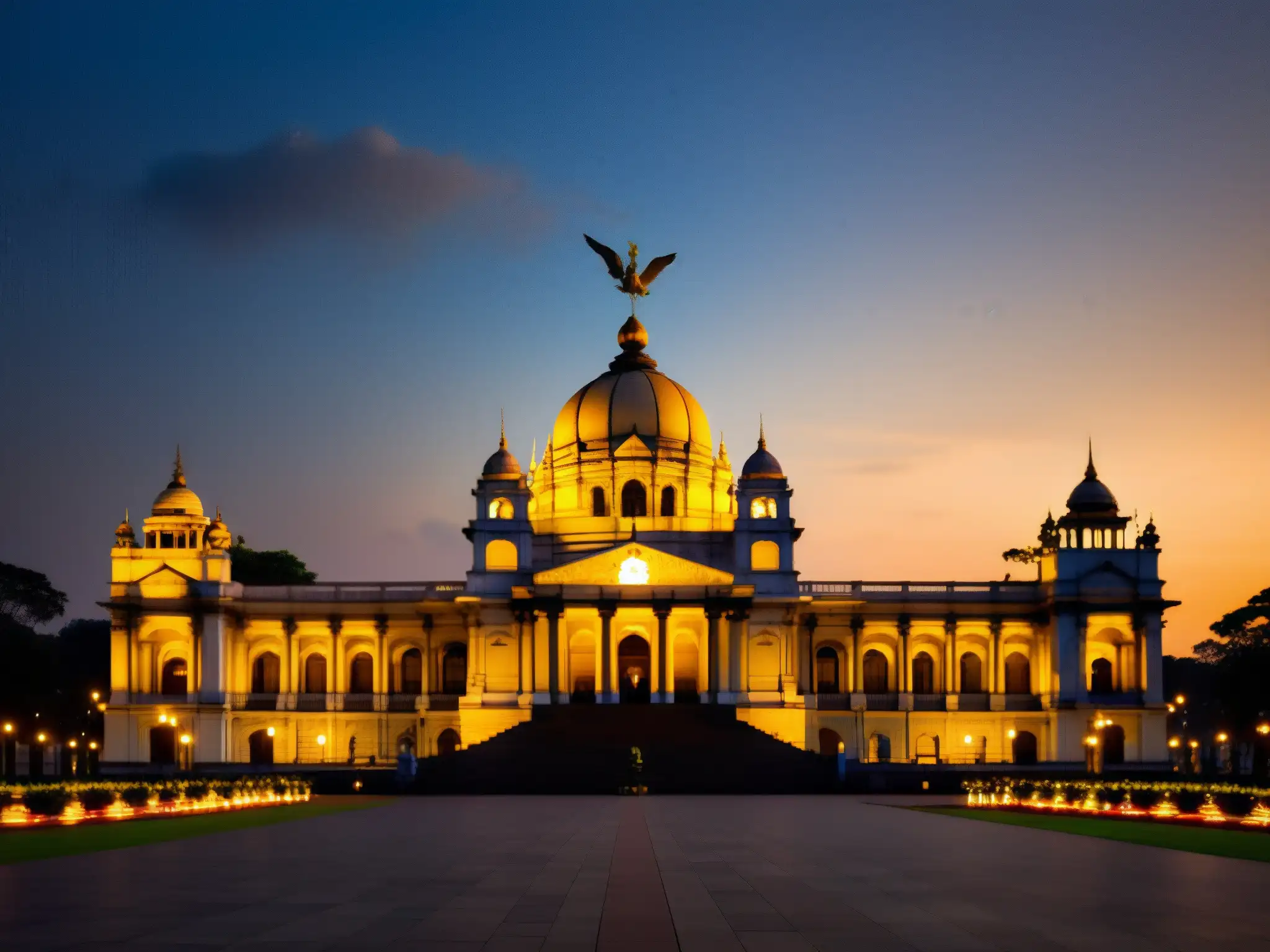 Una imagen documental de alta resolución del Victoria Memorial en Kolkata, India, capturada al anochecer con una iluminación dramática