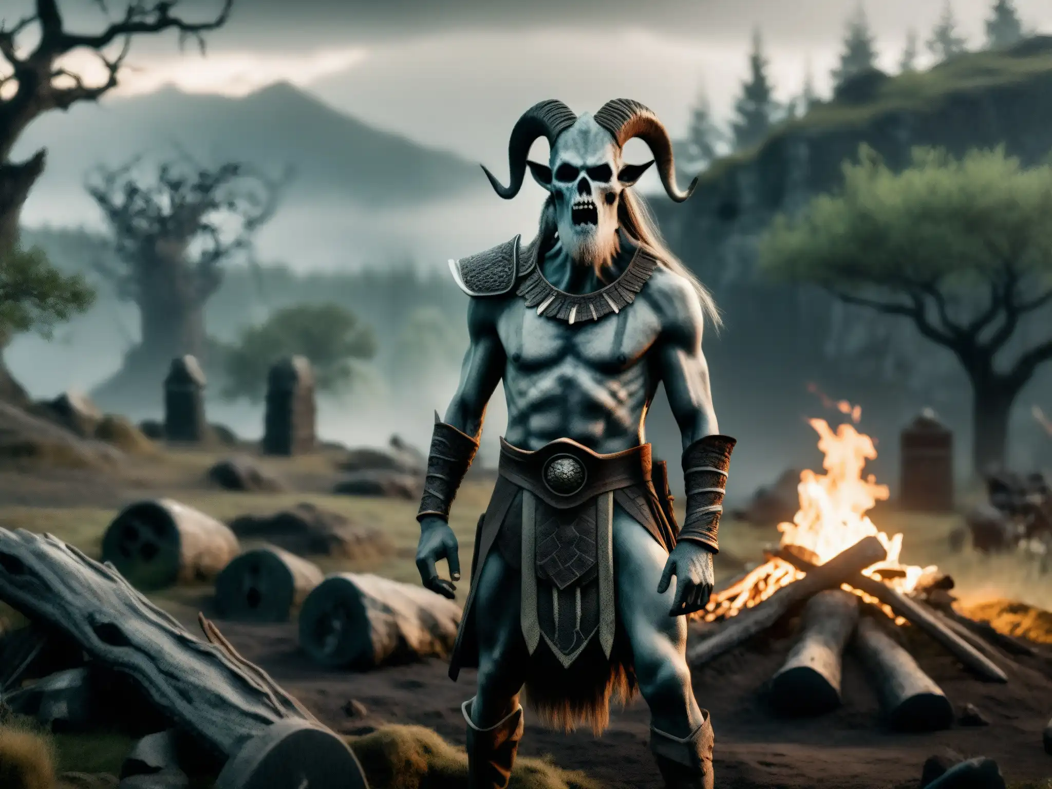 Imagen de un Draugr de la mitología nórdica emergiendo de un túmulo en un bosque neblinoso, con un aura espectral y expresión amenazante