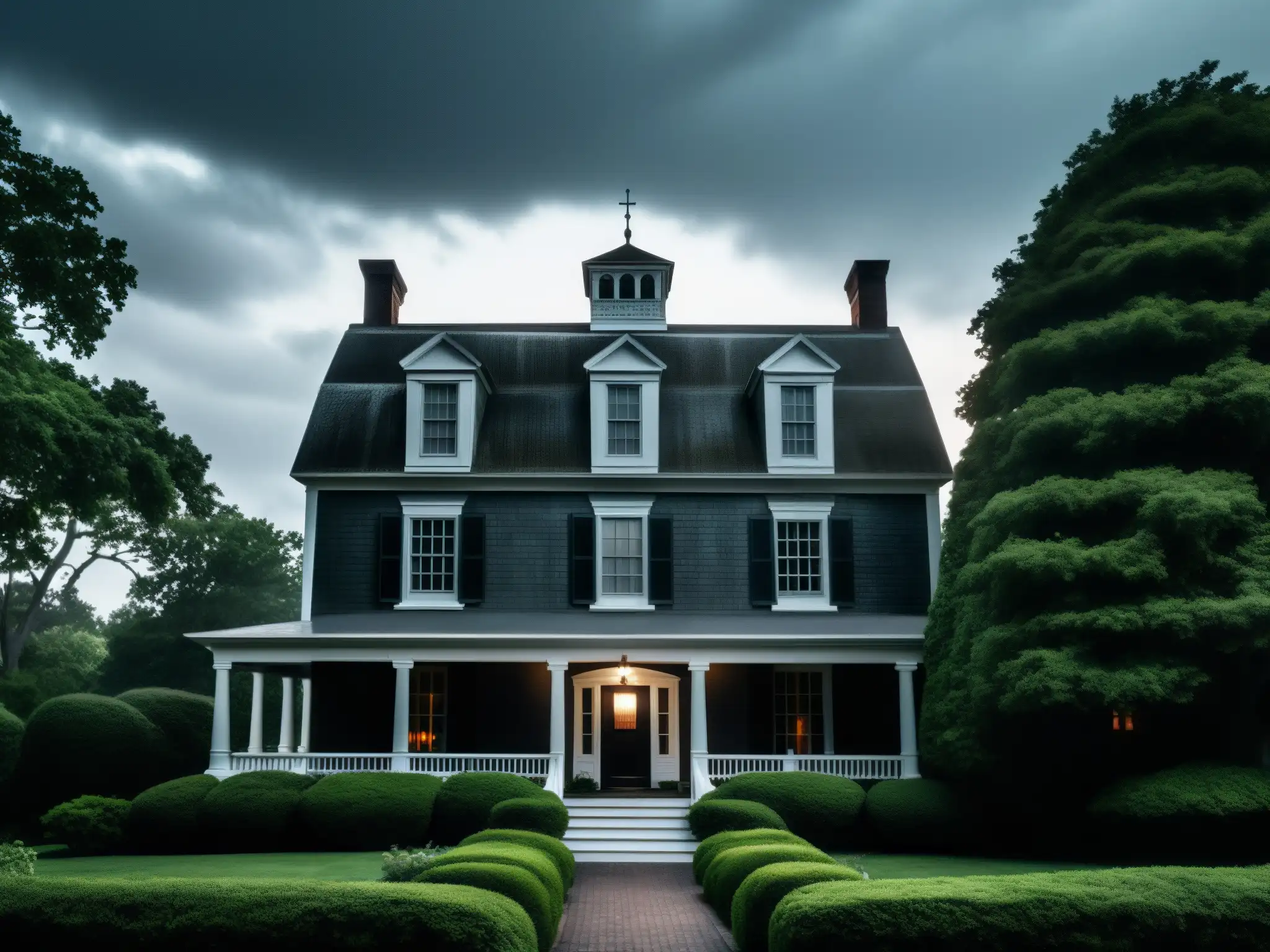 Imagen de la icónica Casa Embrujada de Amityville, con sus ventanas de medio lunar y arquitectura colonial holandesa