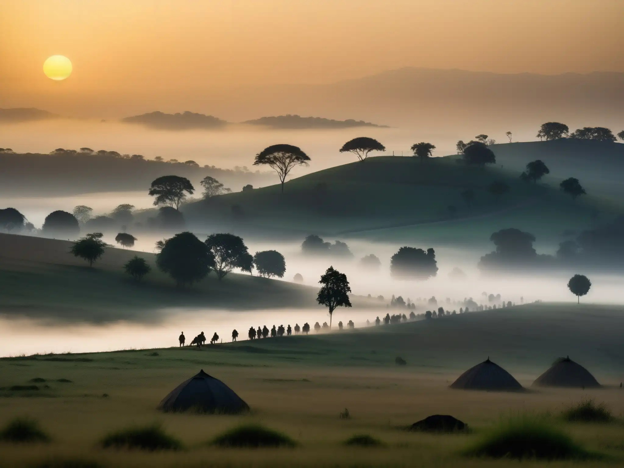 Imagen enigmática de paisaje neblinoso en Jatinga al atardecer, con siluetas de árboles y colinas