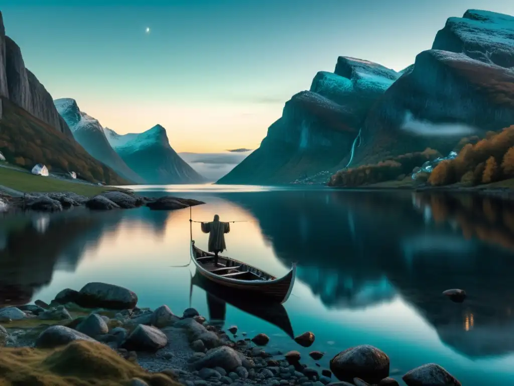 En la imagen se ve un espectro acuático emergiendo de un fiordo nórdico, rodeado de neblina y encanto místico