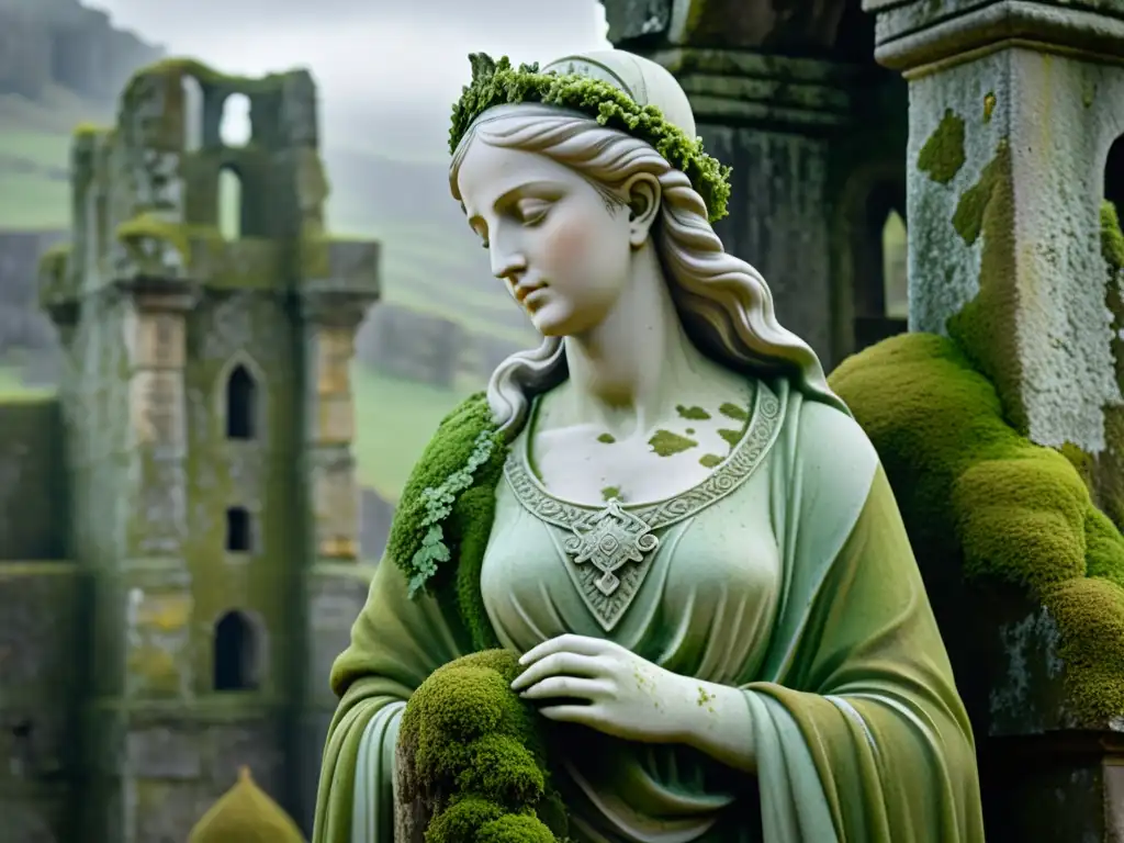La imagen muestra la estatua de la Dama Blanca de Montpellier, con un aura de misterio y belleza histórica