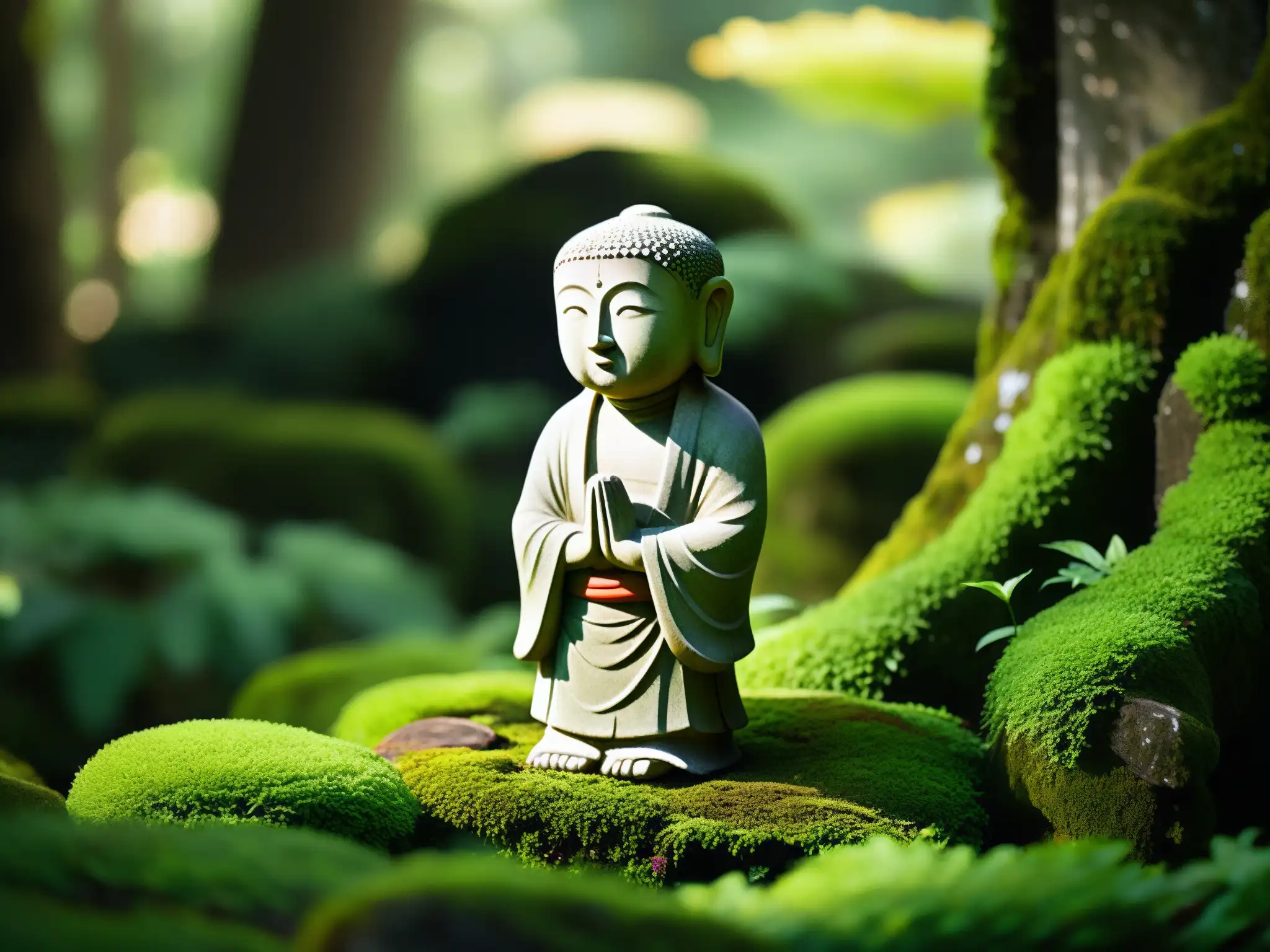 Imagen de una estatua Jizo en un jardín cubierto de musgo, irradiando serenidad y sabiduría con una luz cálida y etérea