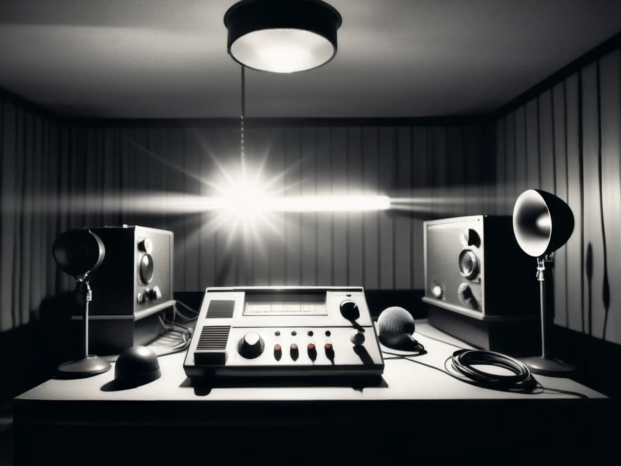 Imagen de estudio de radioteatro de terror con micrófonos antiguos, luces tenues y suspenso, evocando leyendas urbanas