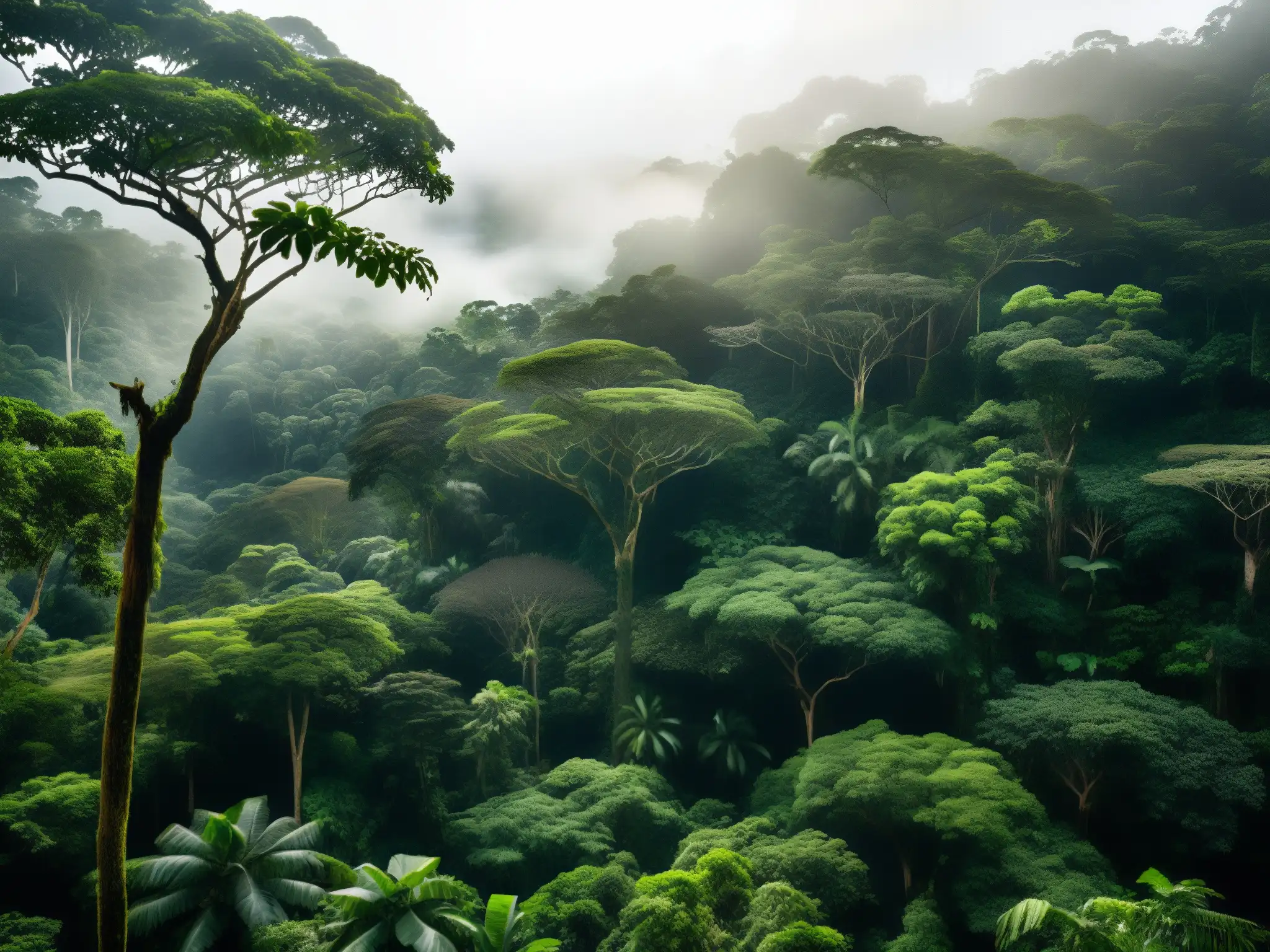 Imagen del exuberante bosque amazónico, con árboles imponentes, follaje verde vibrante y animales salvajes