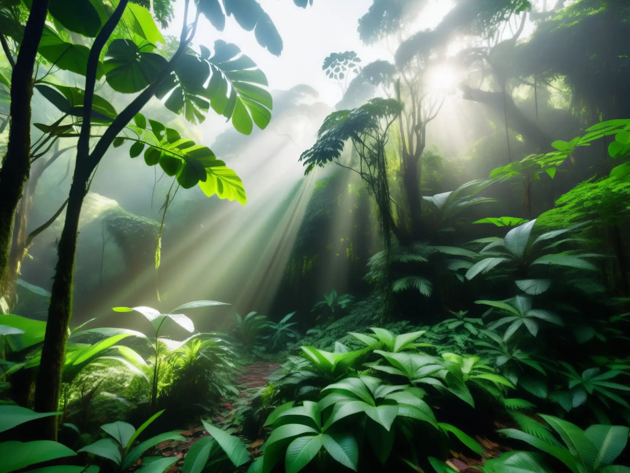 La imagen muestra un exuberante bosque tropical brasileño con un misterioso ser en la sombra, capturando el significado y origen del Caipora