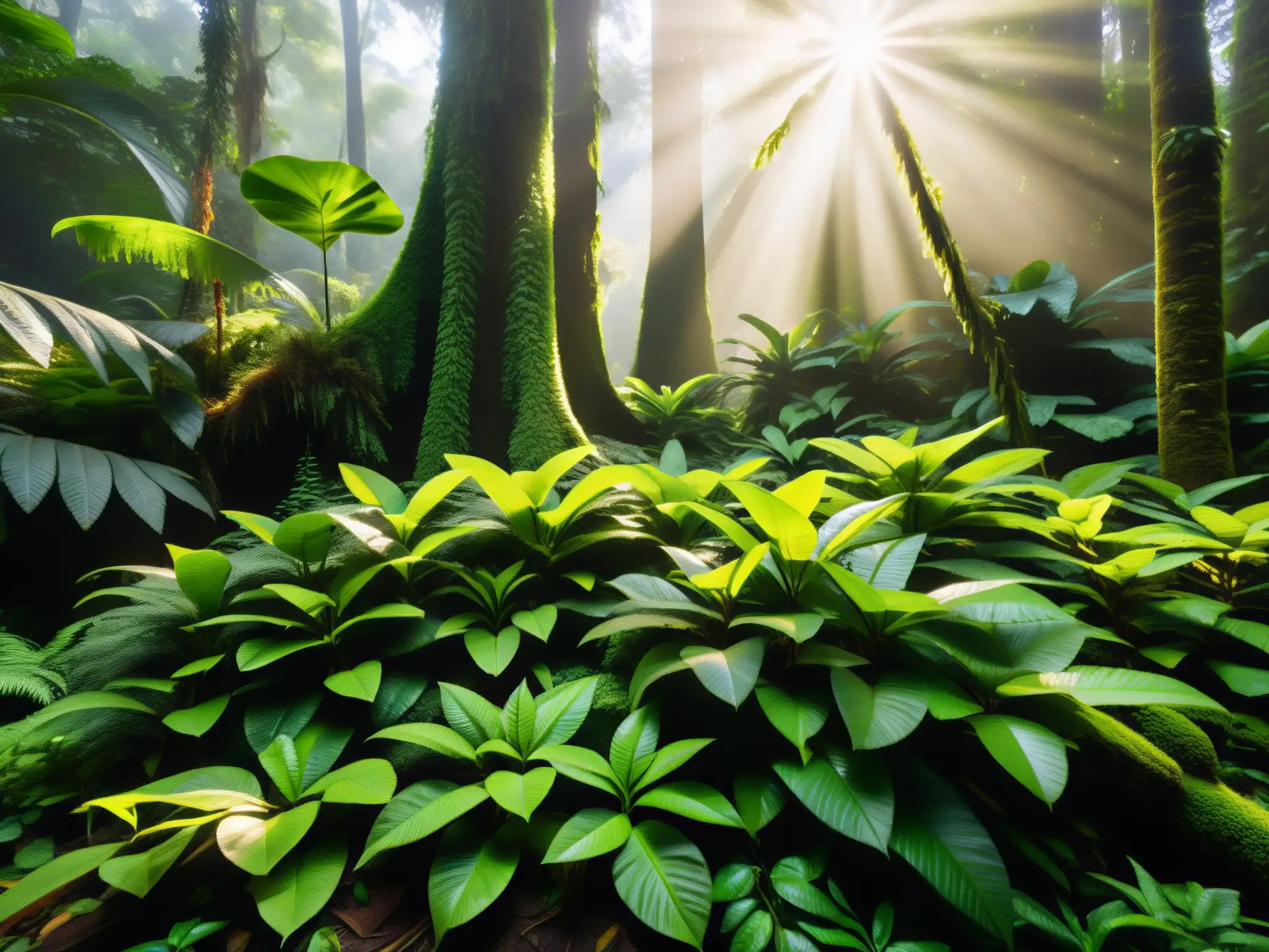 Imagen de la exuberante vegetación del bosque lluvioso chileno con filtraciones de luz solar