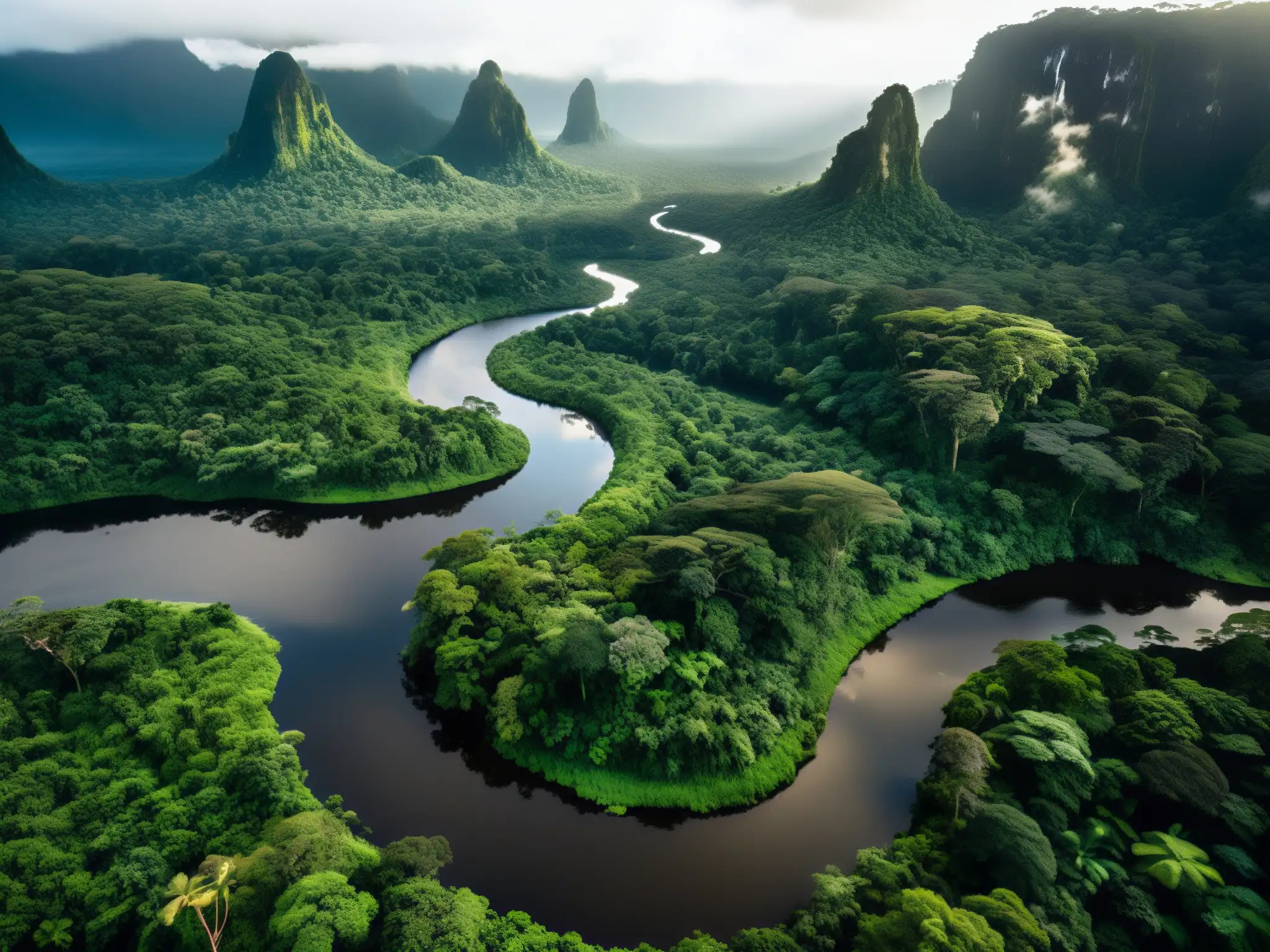 Imagen de la exuberante selva del Amazonas, con árboles majestuosos, un río serpenteante y la esencia de la Yacumama, serpiente gigante Amazonas