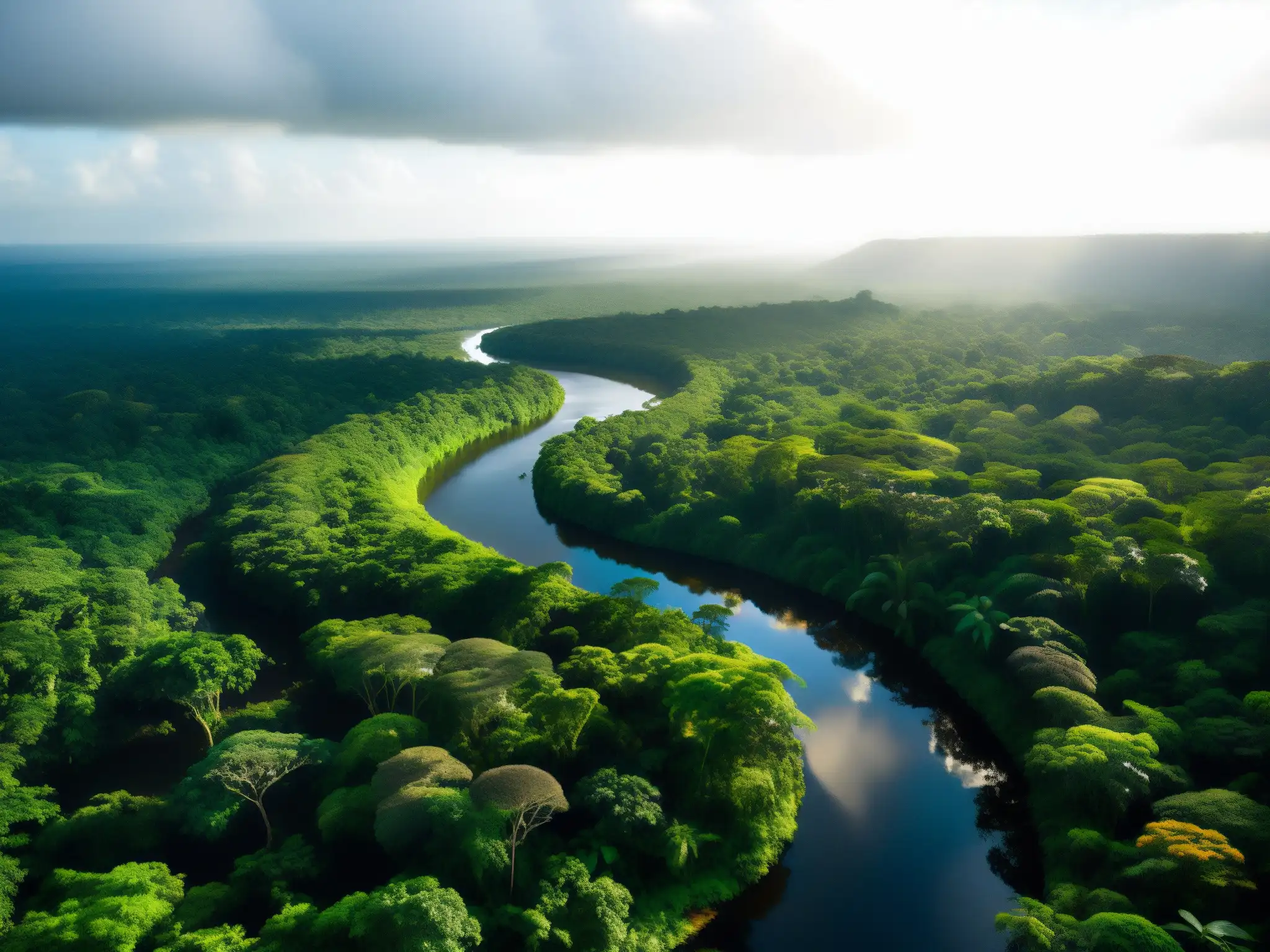 Imagen de la exuberante selva amazónica con río serpenteante reflejando la verdadera leyenda de Yacumama