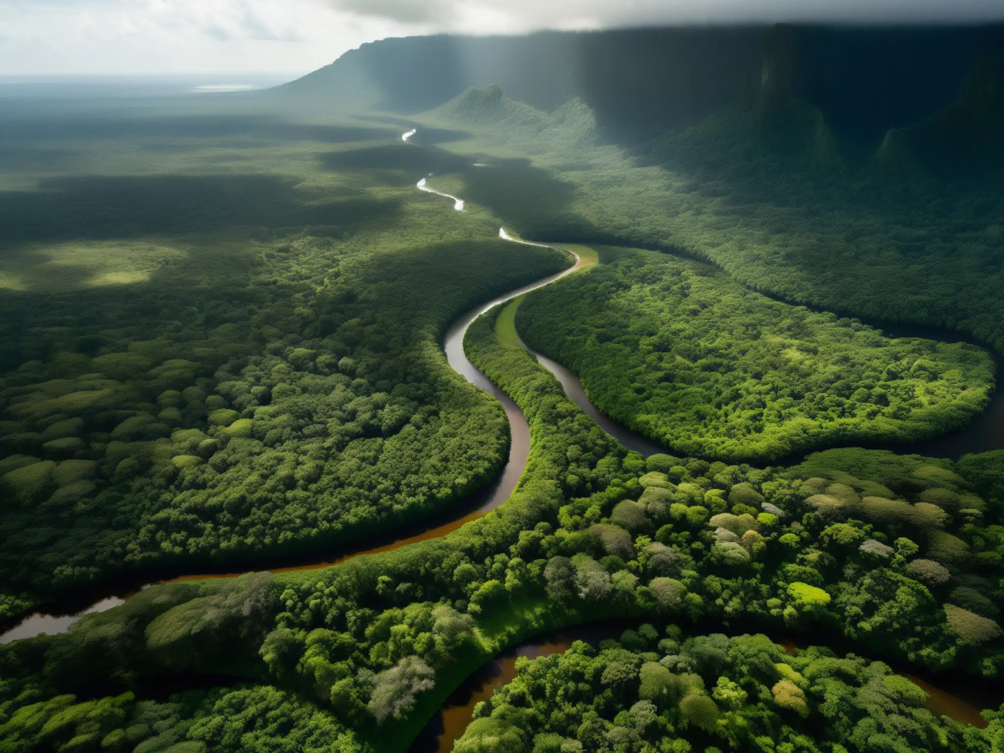 Imagen de la exuberante selva amazónica, con ríos serpenteantes y un patrón hipnótico de árboles, evocando la búsqueda de la leyenda del dorado